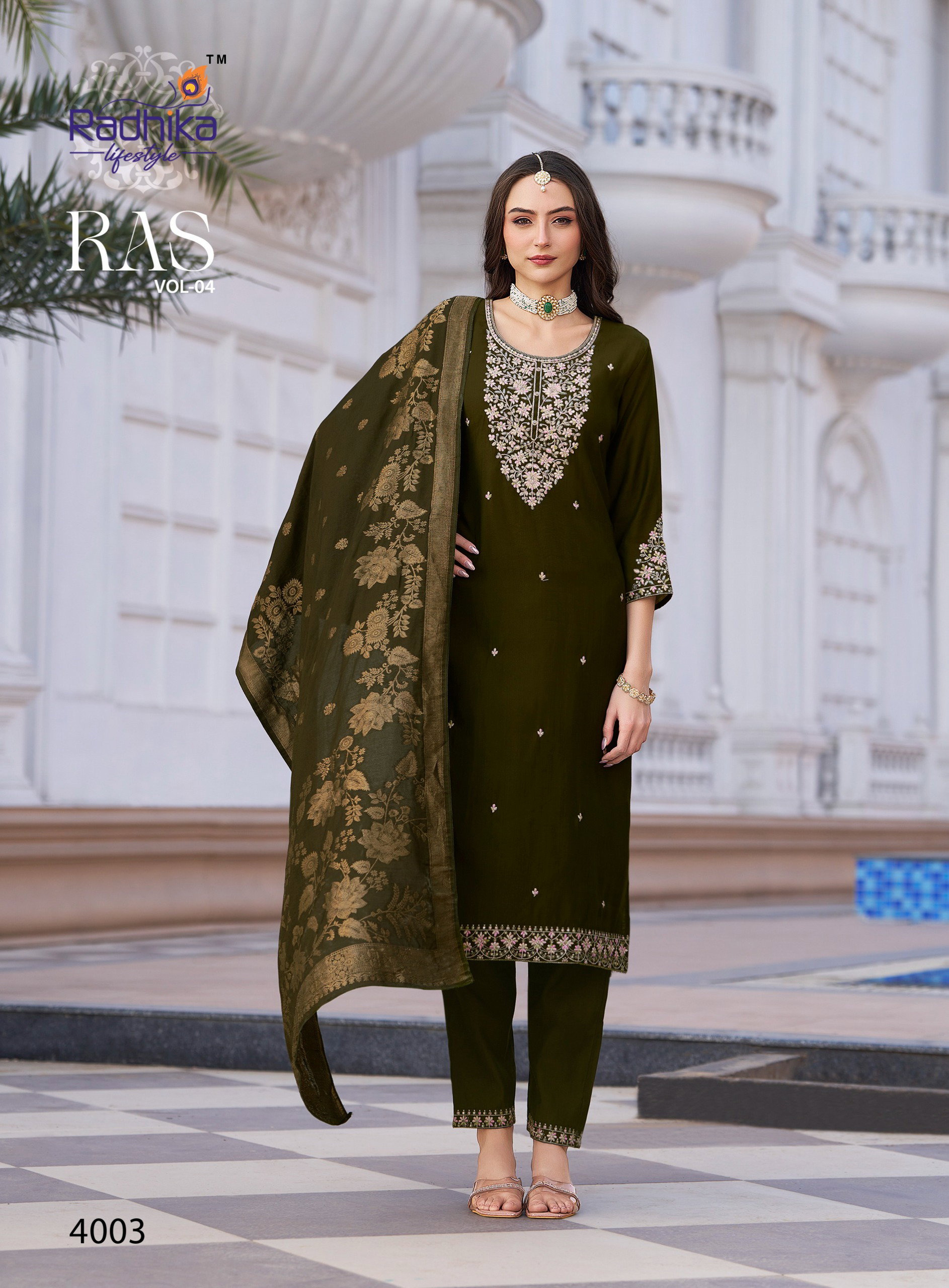 Radhika Ras Vol 4 Vertican Silk With Embroidery Work Kurti Pant And Dupatta