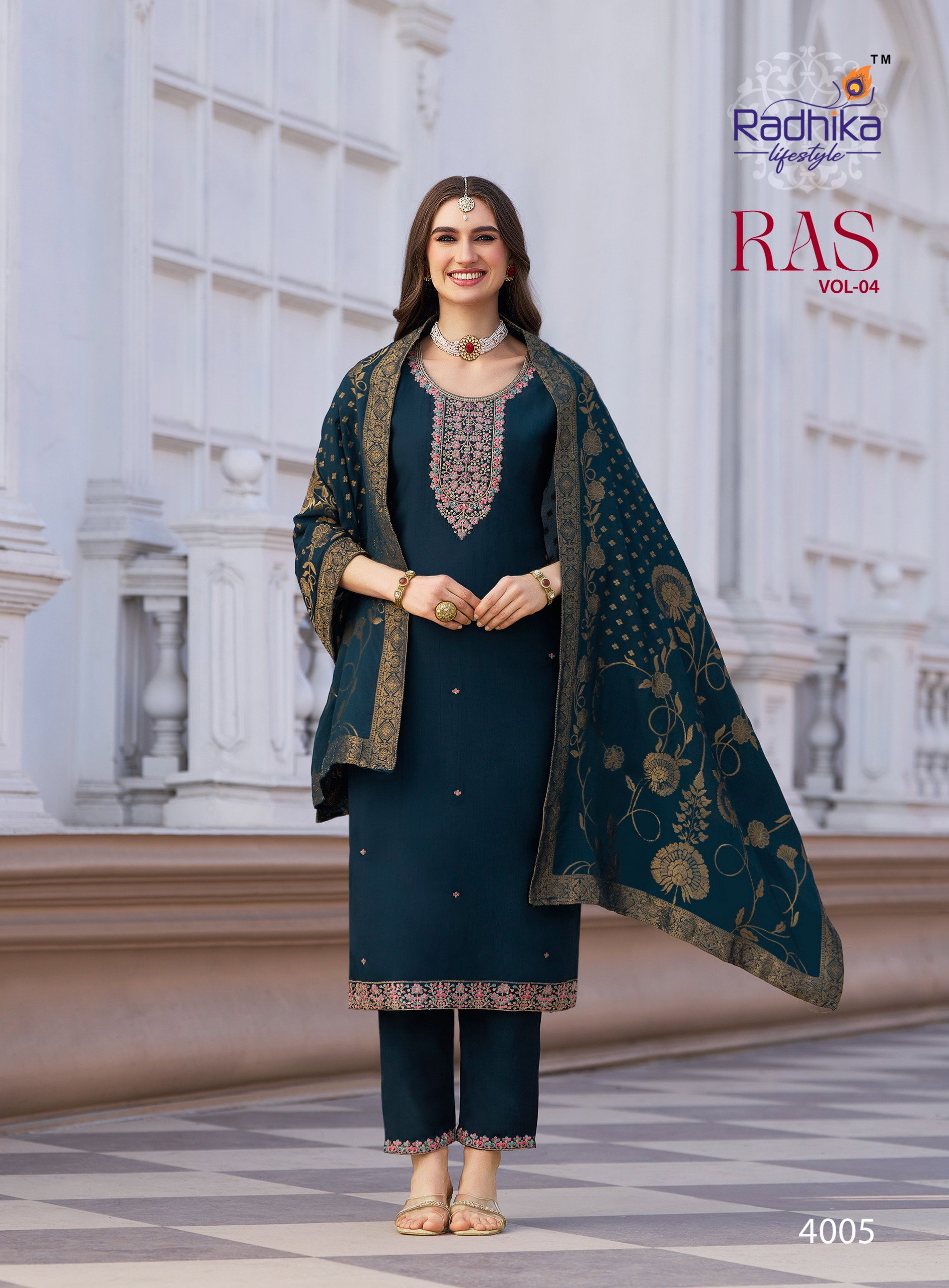 Radhika Ras Vol 4 Vertican Silk With Embroidery Work Kurti Pant And Dupatta
