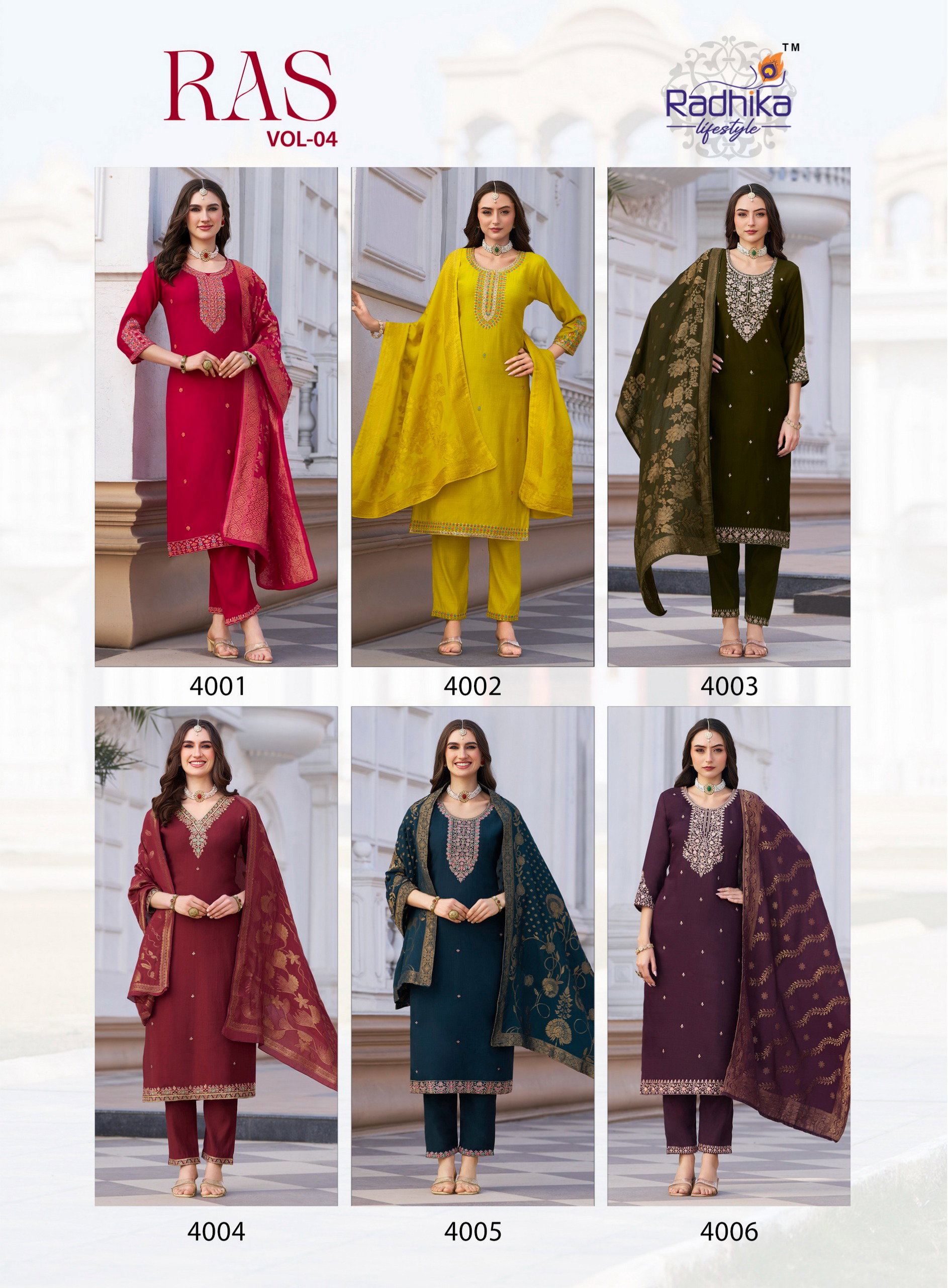 Radhika Ras Vol 4 Vertican Silk With Embroidery Work Kurti Pant And Dupatta