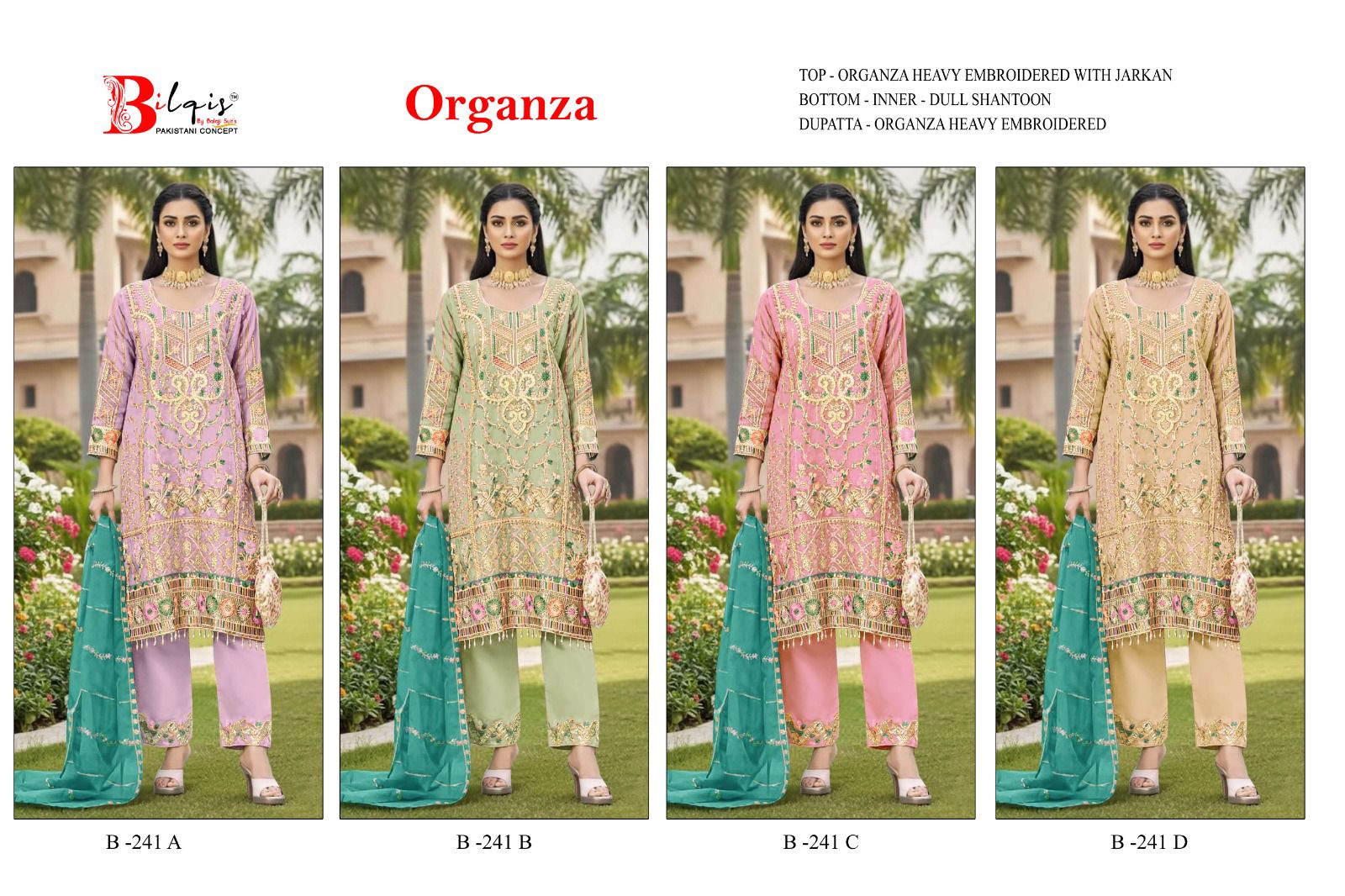 Bilqis B 241 A To D Organza With Embroidery Pakistani Salwar Kameez
