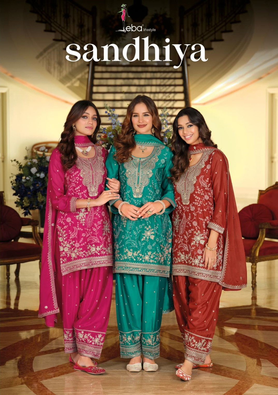 Eba Sandhiya Chinon With Embroidery Work Top Bottom And Dupatta