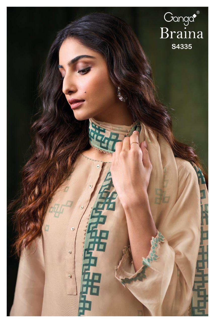 Ganga Braina 4335 Bemberg Silk Satin Printed Embroidery Salwar kameez