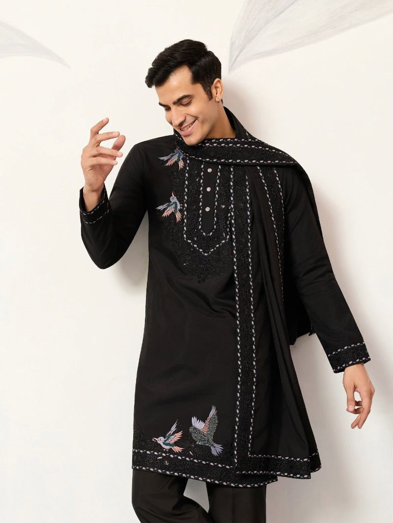Shubhvastra Celebration Drape Viscose Silk Designer Kurta Pant And Dupatta