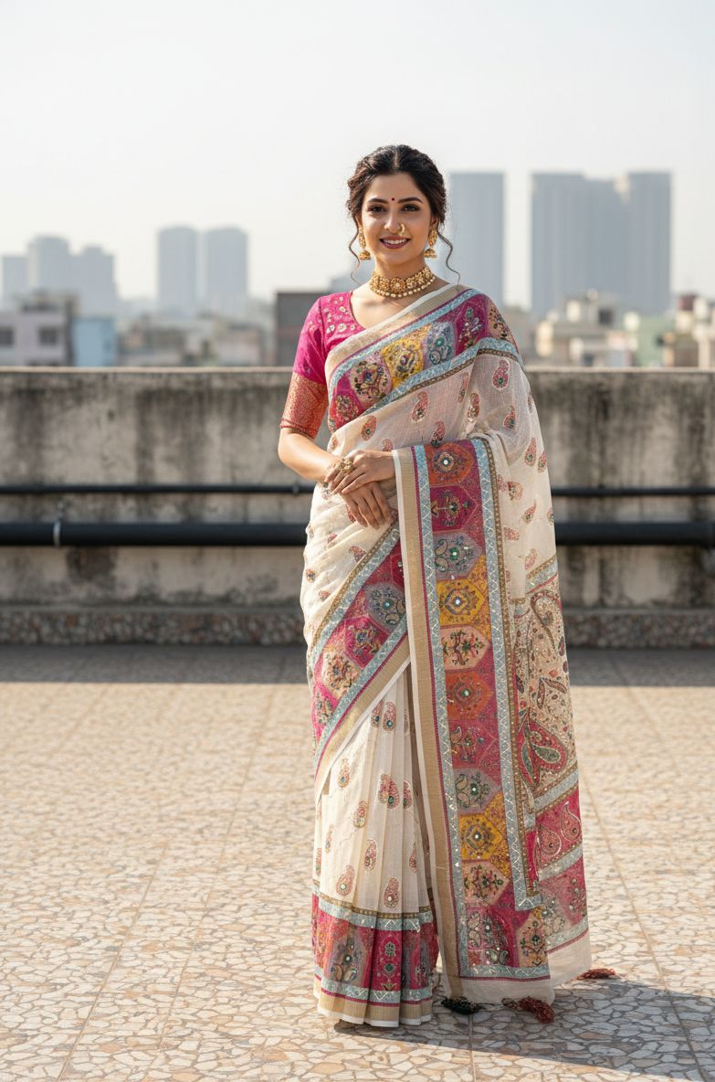 Vt 819 T Premium Linen Silk Digital Printed Saree