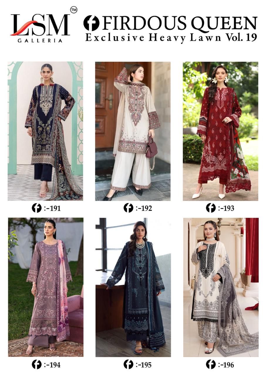 Lsm Firdous Queen Vol 19 Lawn Cotton Dress Material Collection Full Catalog available at wholesale rate.