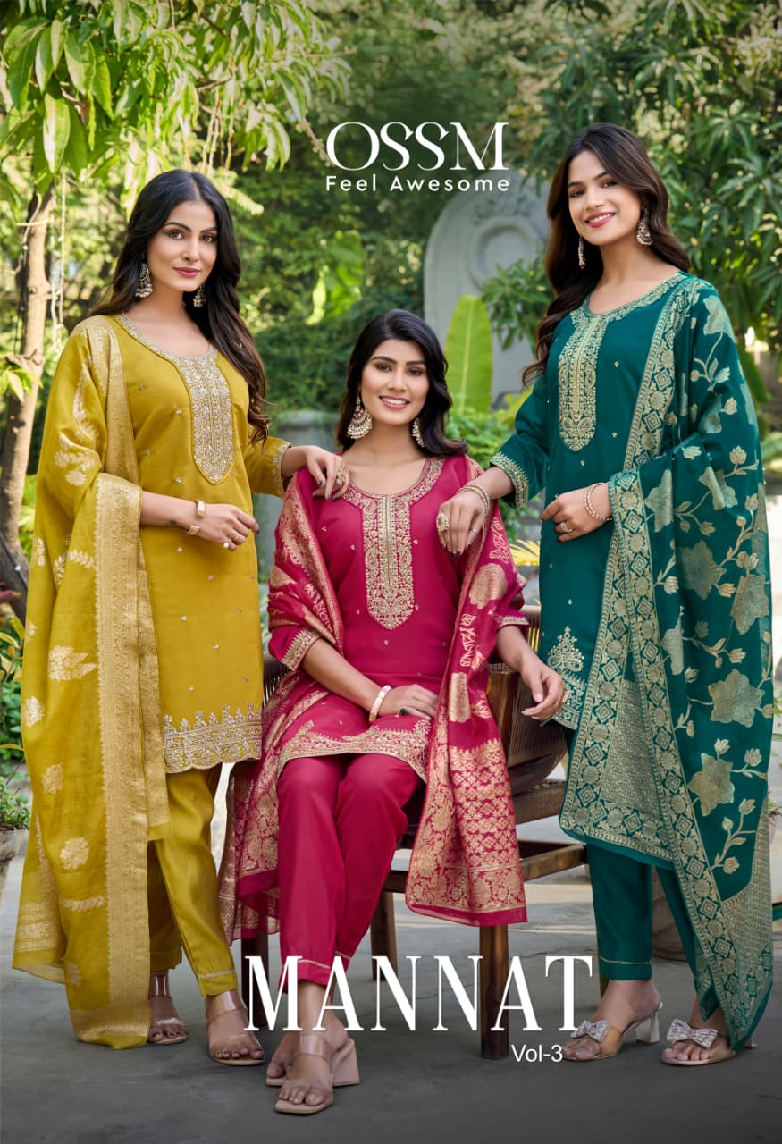 Ossm Mannat Vol 3 Viscose Roman Silk With Embroidery Kurti Pant And Dupatta