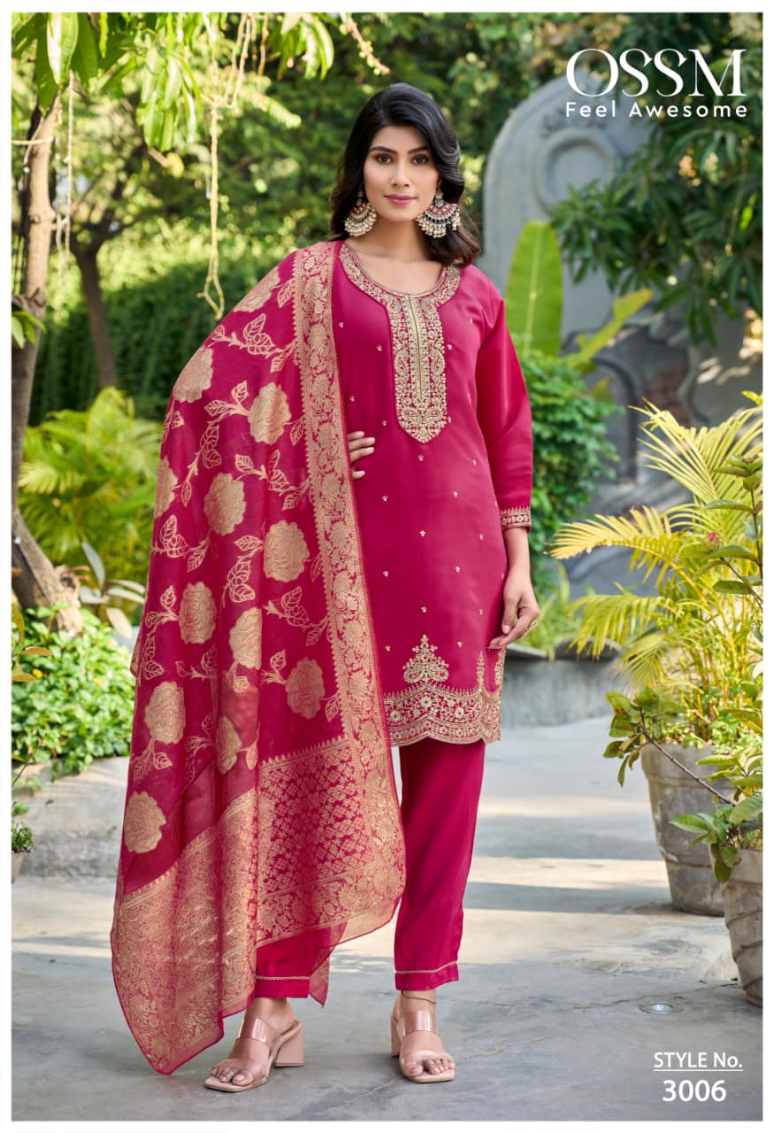 Ossm Mannat Vol 3 Viscose Roman Silk With Embroidery Kurti Pant And Dupatta