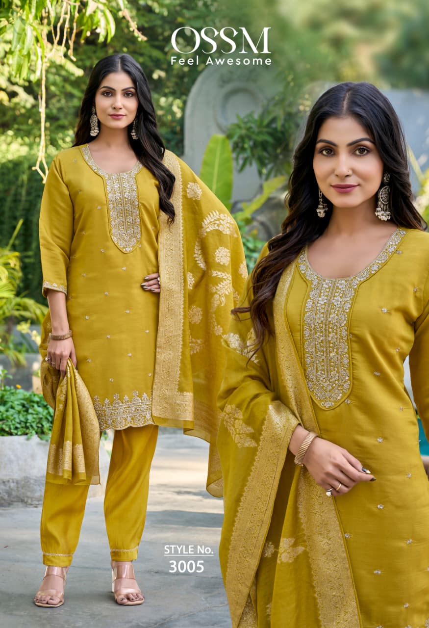 Ossm Mannat Vol 3 Viscose Roman Silk With Embroidery Kurti Pant And Dupatta