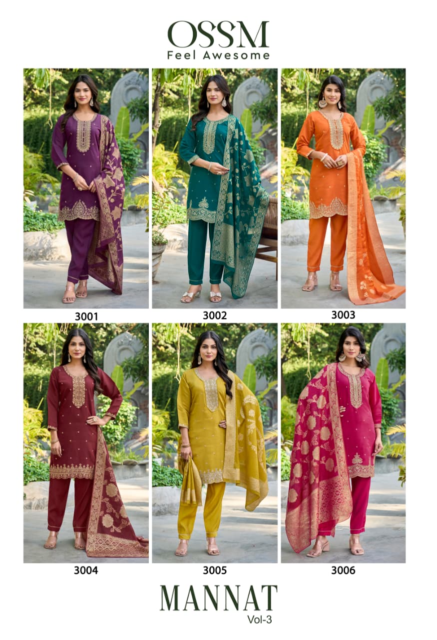 Ossm Mannat Vol 3 Viscose Roman Silk With Embroidery Kurti Pant And Dupatta