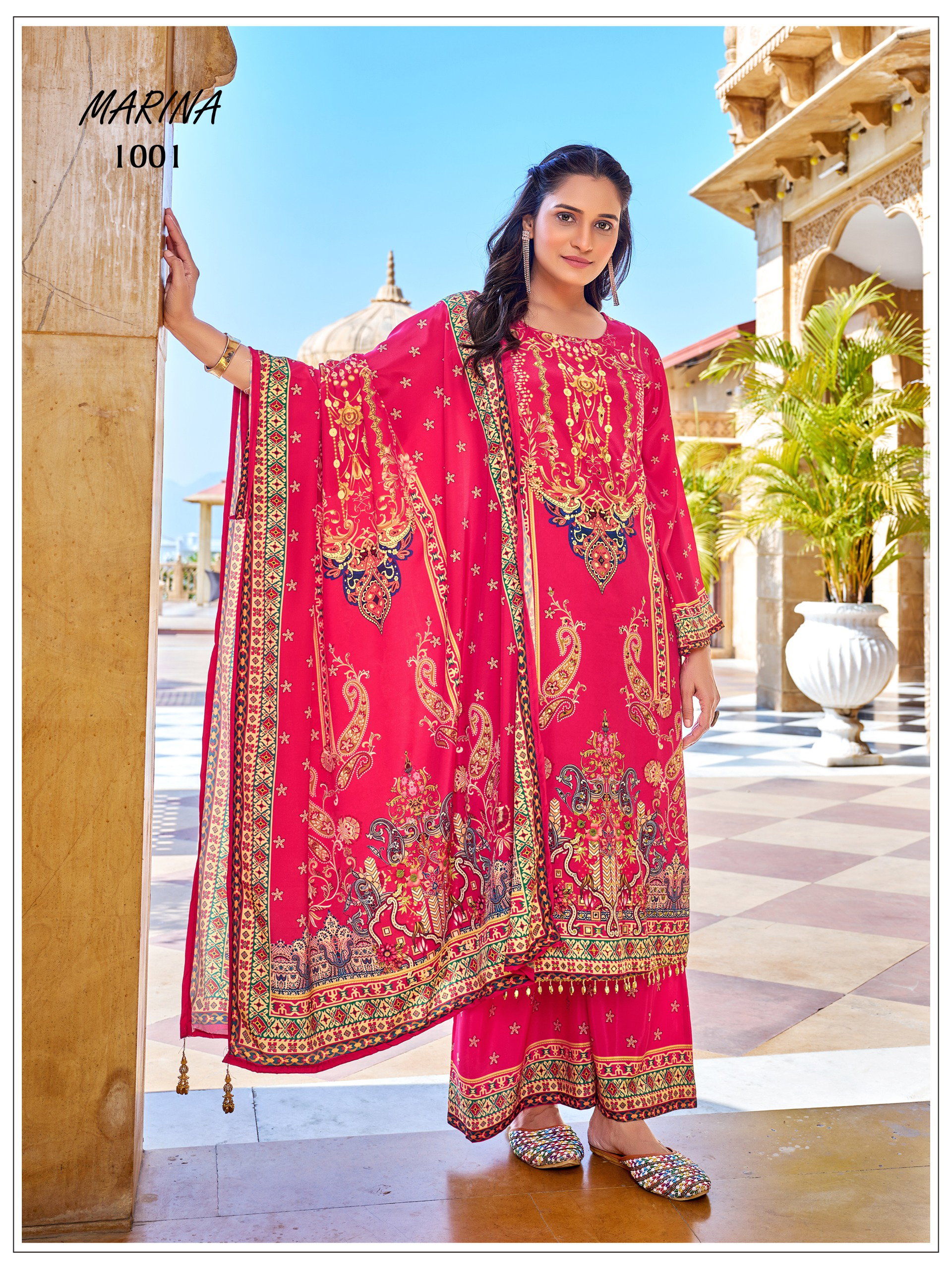 Mukesh Marina Crape Silk Digital Print With Work Top Bottom And Dupatta