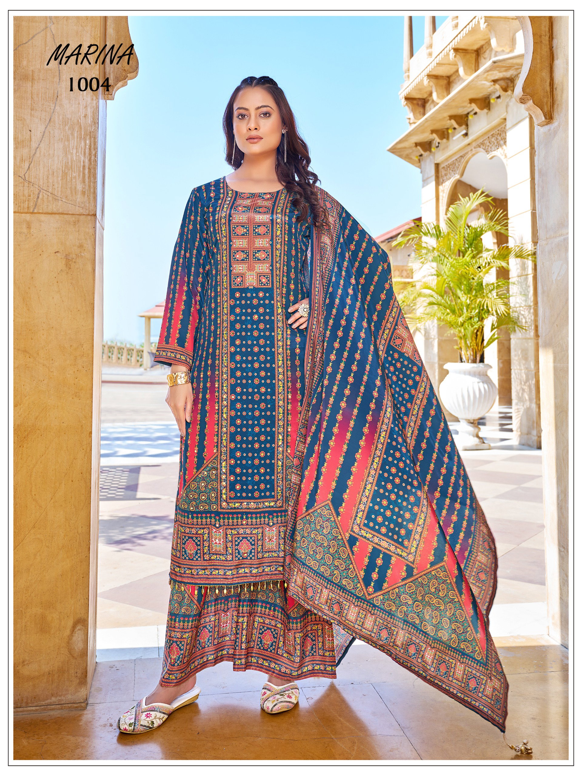Mukesh Marina Crape Silk Digital Print With Work Top Bottom And Dupatta