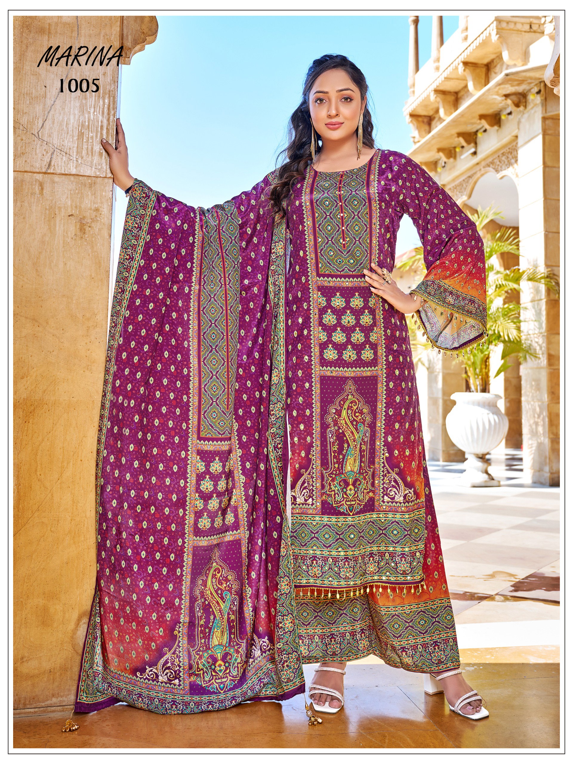 Mukesh Marina Crape Silk Digital Print With Work Top Bottom And Dupatta
