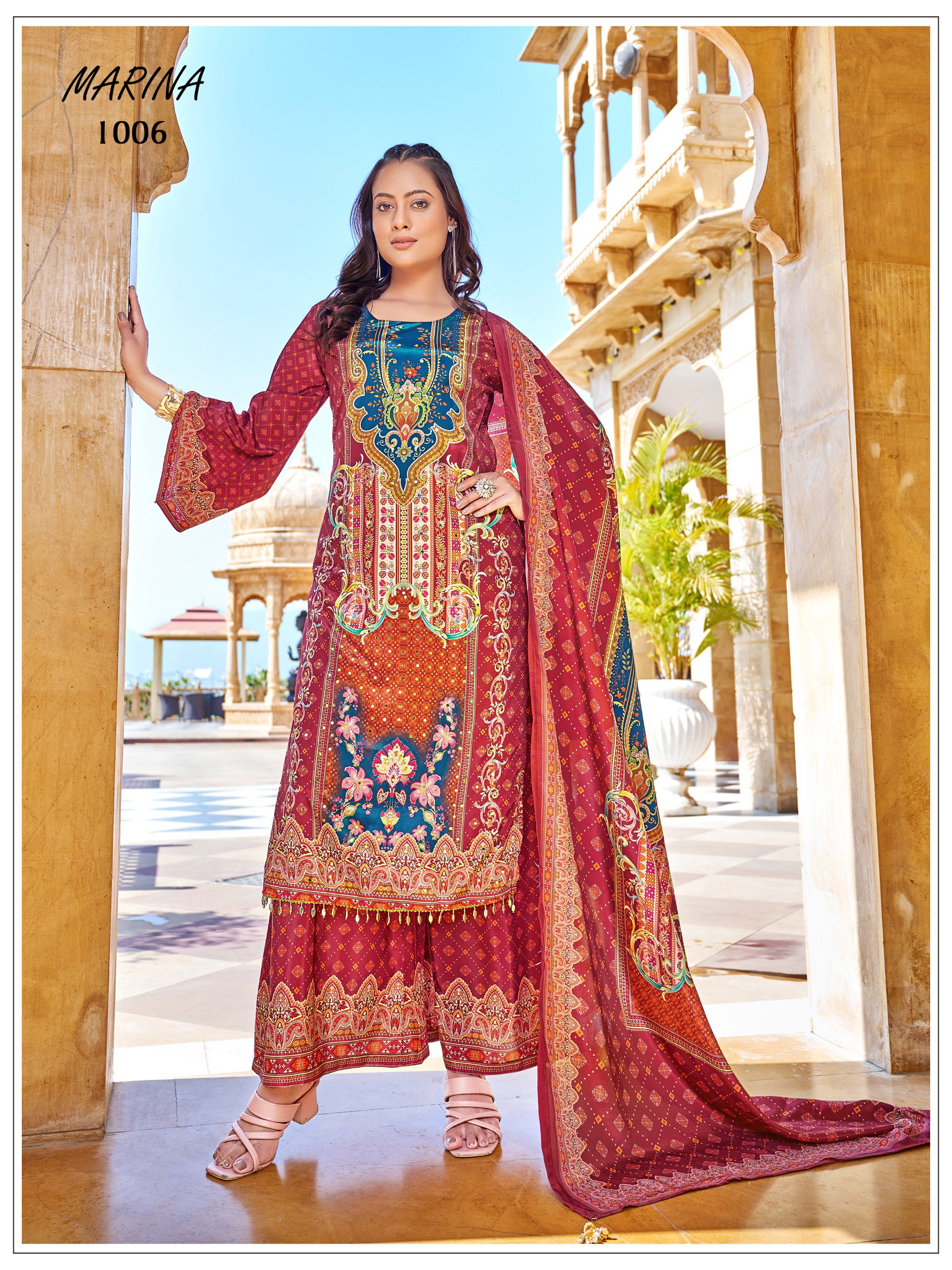 Mukesh Marina Crape Silk Digital Print With Work Top Bottom And Dupatta