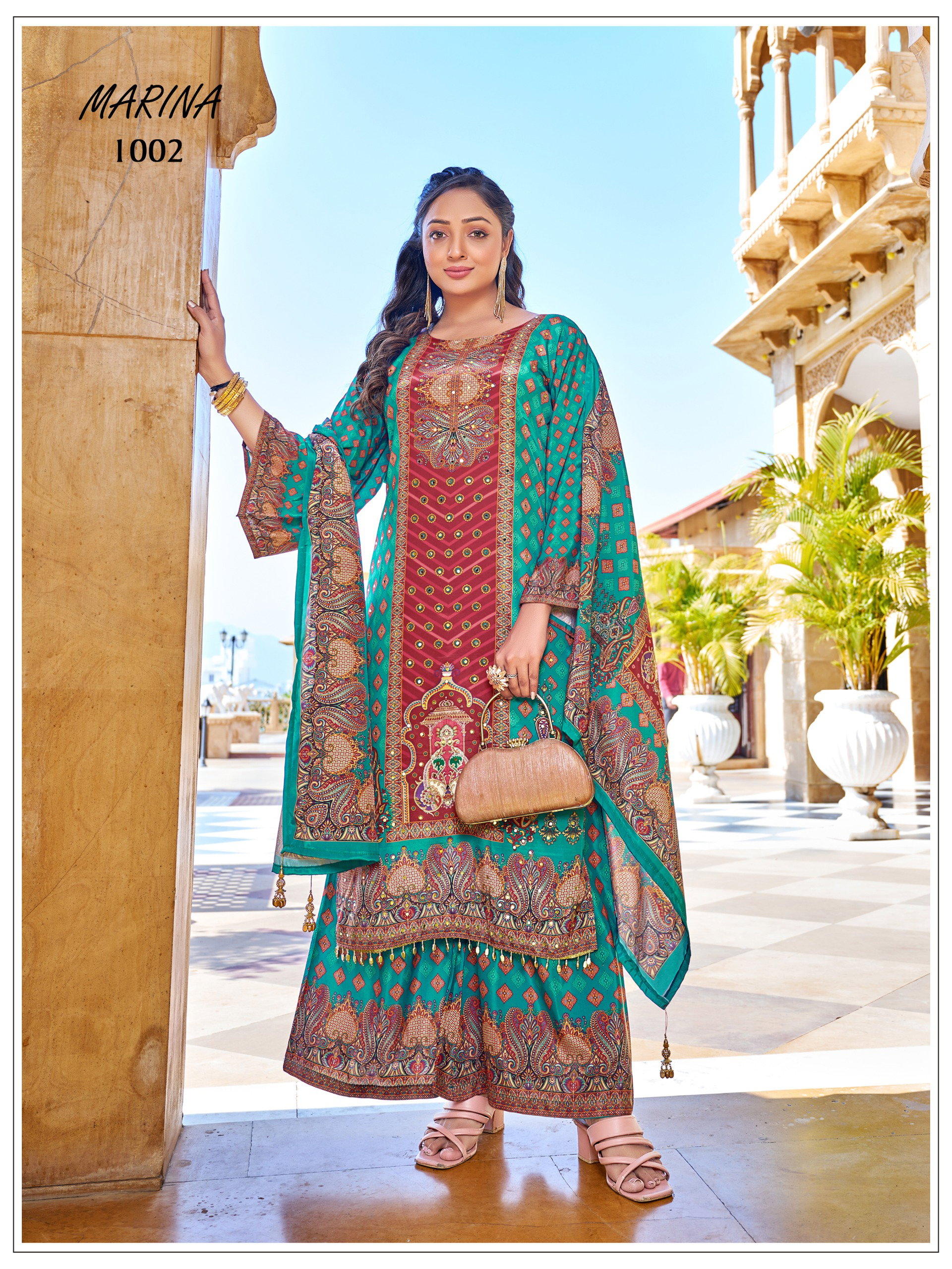 Mukesh Marina Crape Silk Digital Print With Work Top Bottom And Dupatta