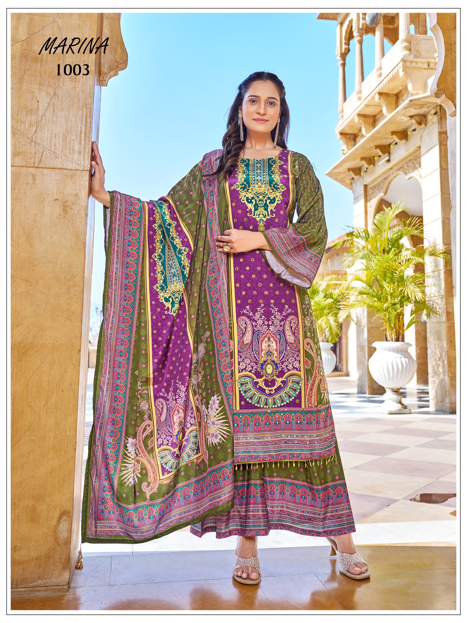 Mukesh Marina Crape Silk Digital Print With Work Top Bottom And Dupatta