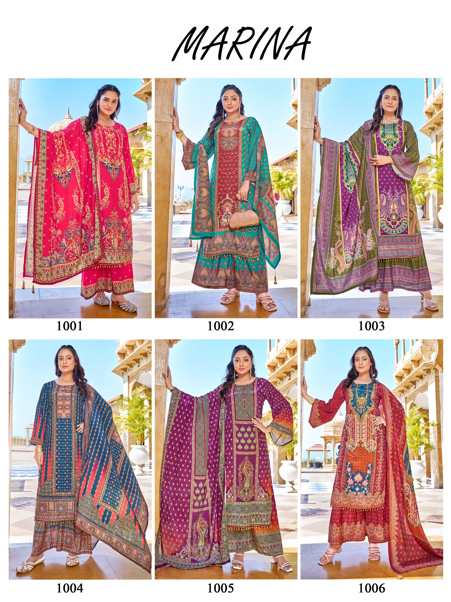 Mukesh Marina Crape Silk Digital Print With Work Top Bottom And Dupatta