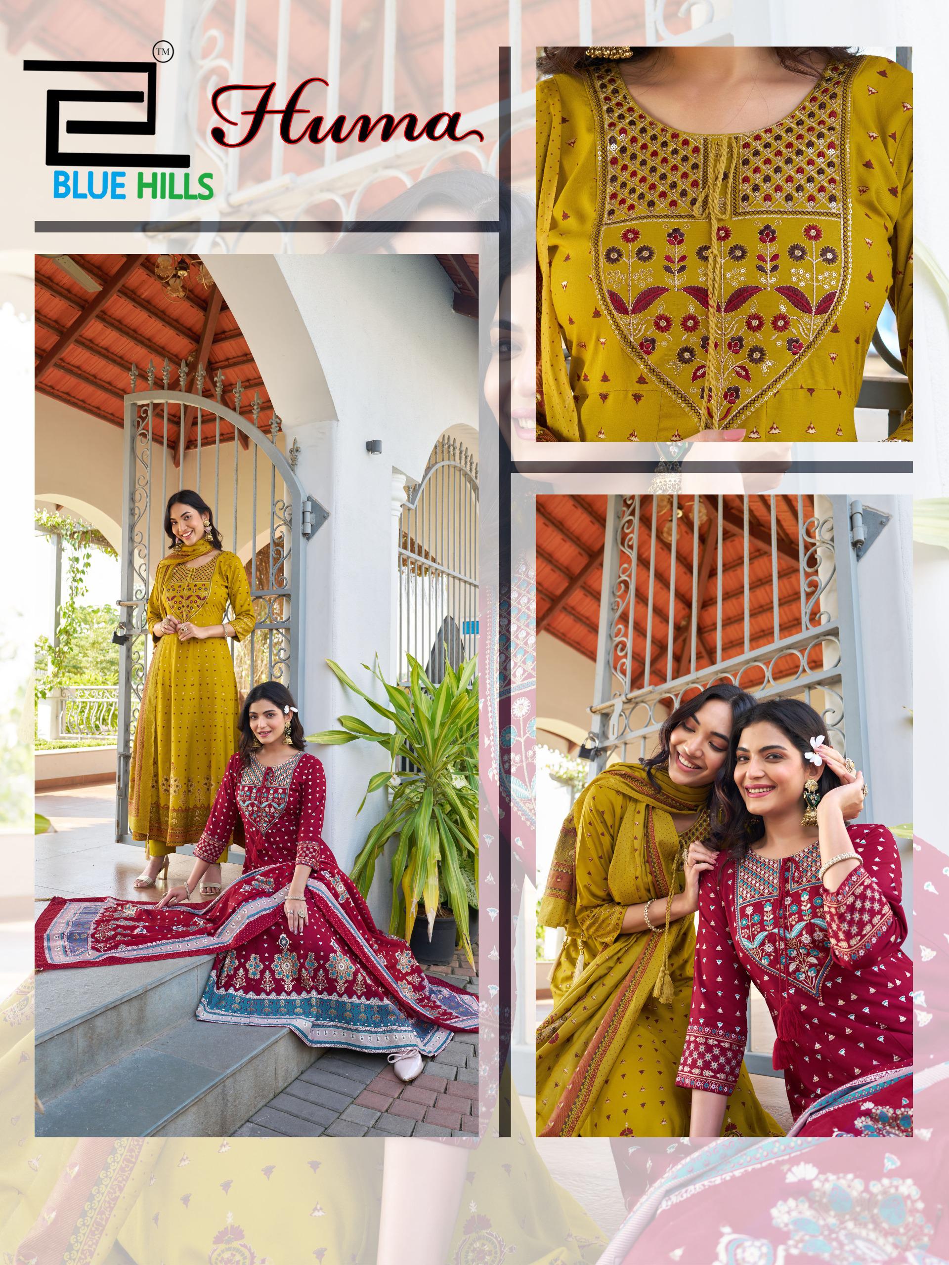 Blue Hills Huma Rayon Chanderi Foil Print Embroidery Kurti Bottom With Dupatta