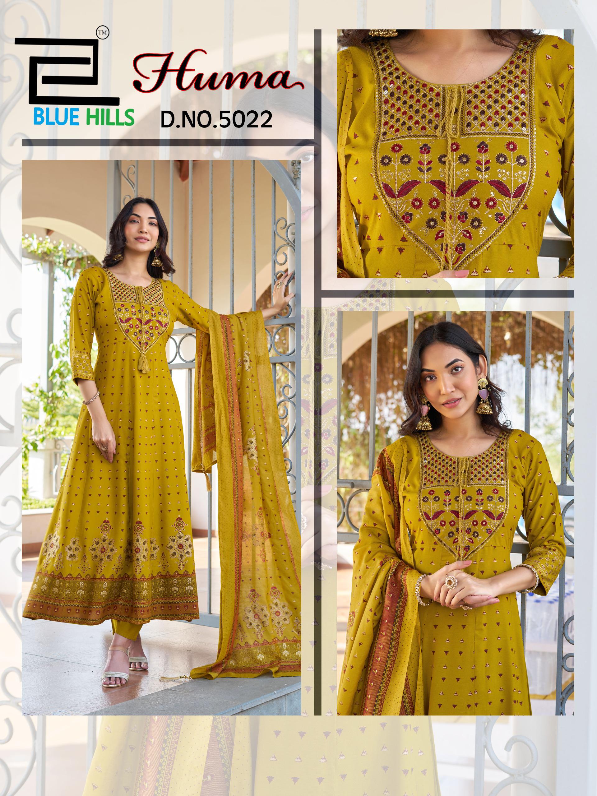 Blue Hills Huma Rayon Chanderi Foil Print Embroidery Kurti Bottom With Dupatta