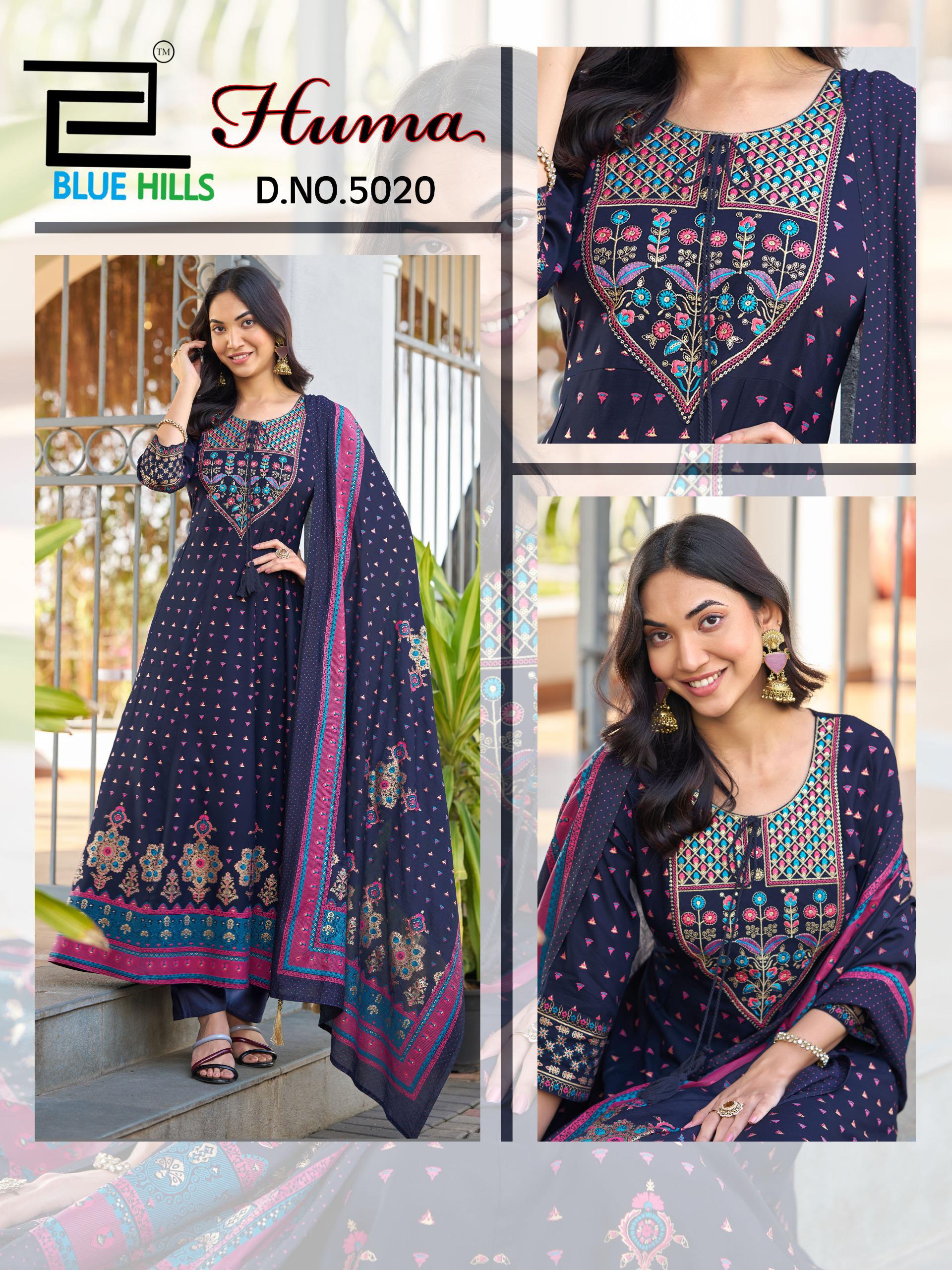 Blue Hills Huma Rayon Chanderi Foil Print Embroidery Kurti Bottom With Dupatta