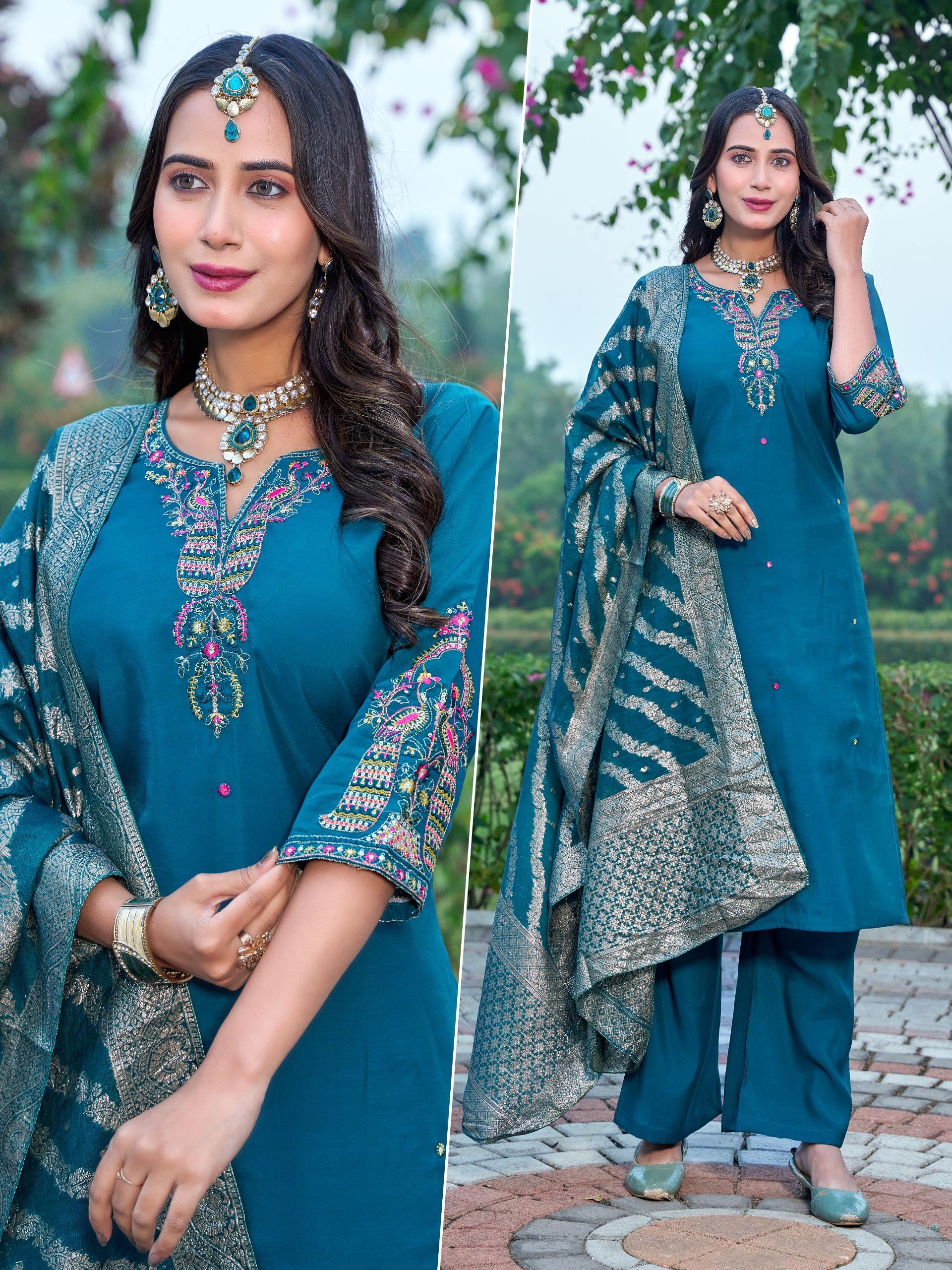 Naisha K 601 Roman Silk With Work Kurti Pant And Dupatta Collection