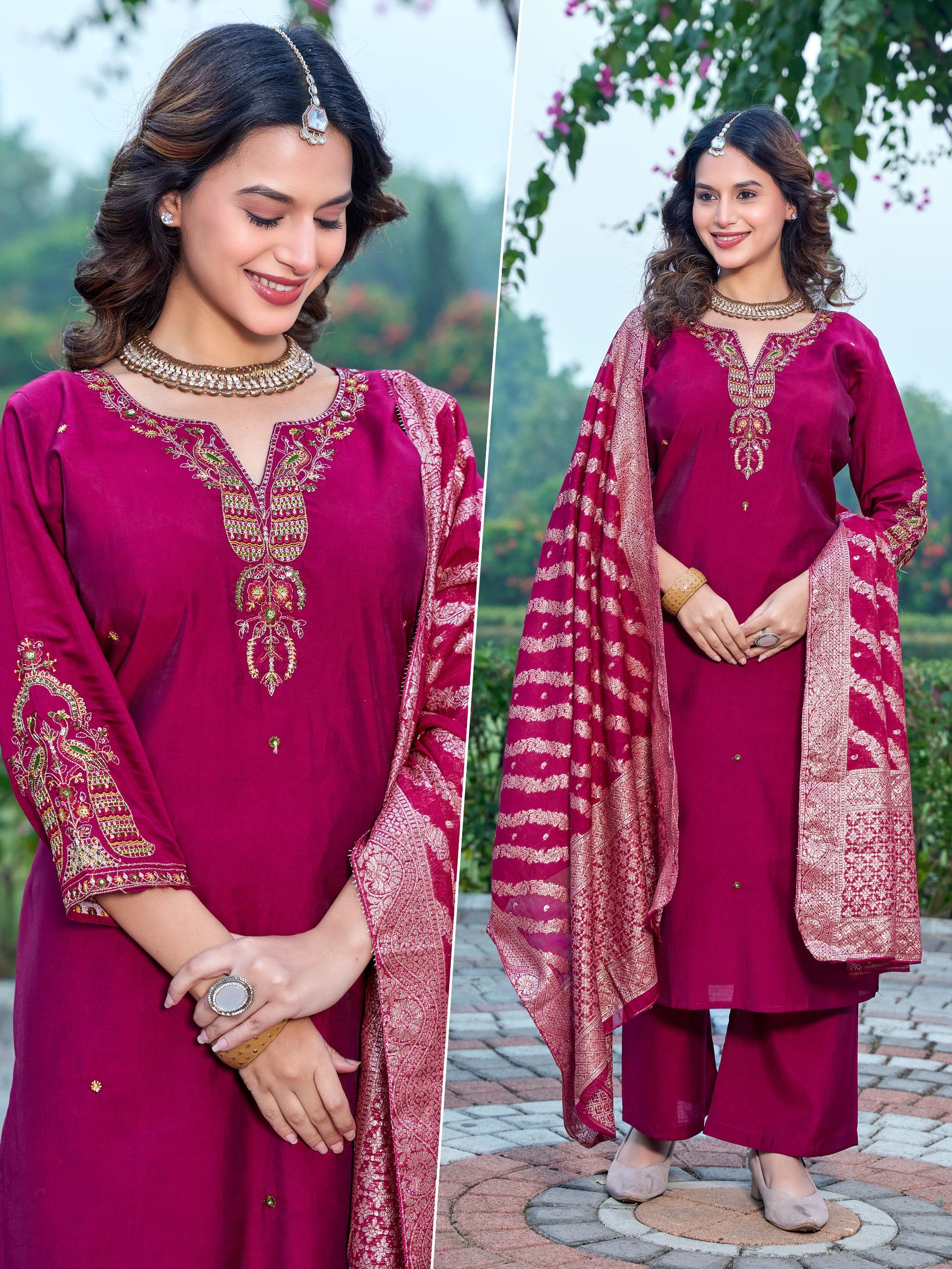 Naisha K 601 Roman Silk With Work Kurti Pant And Dupatta Collection