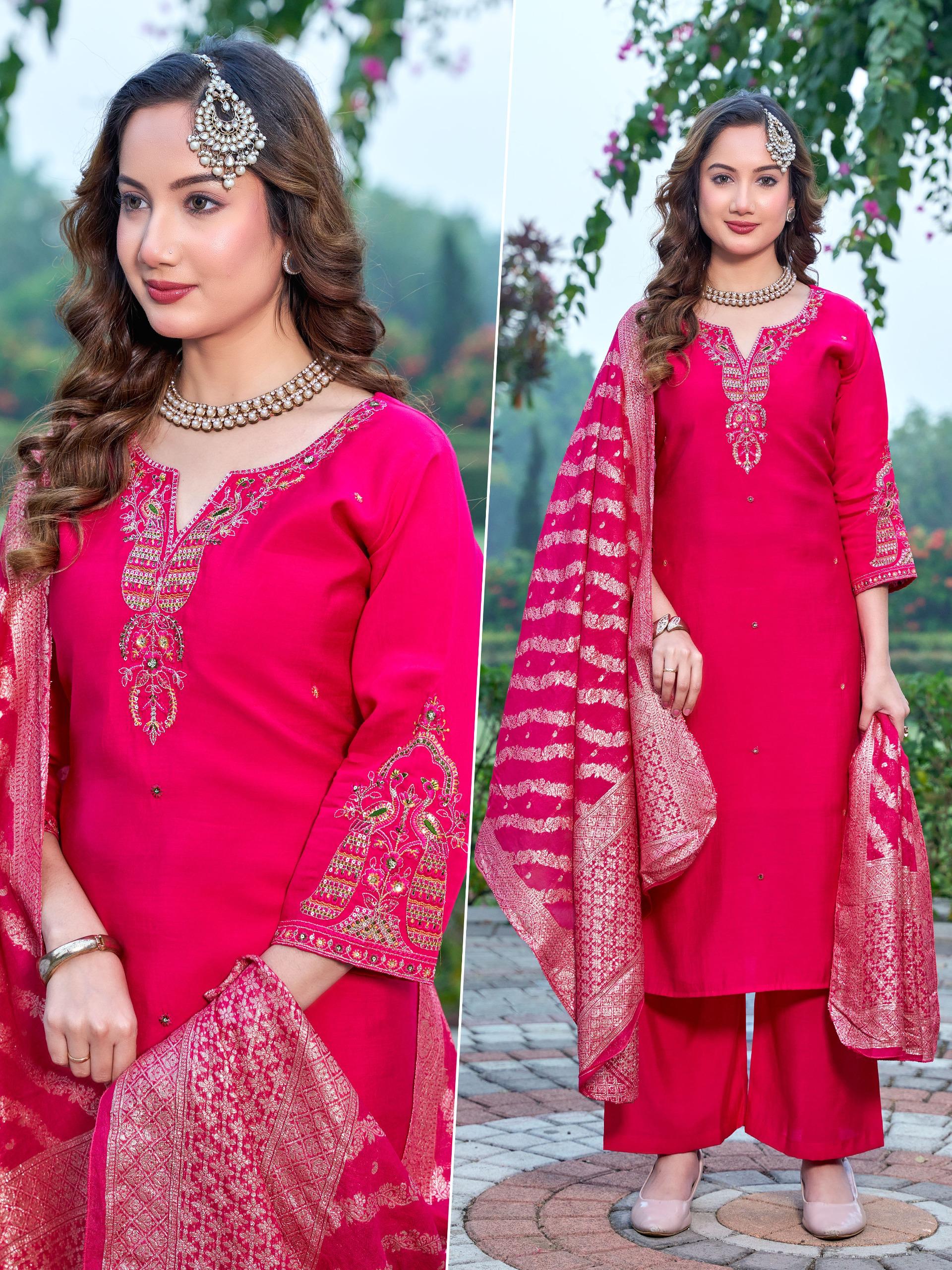 Naisha K 601 Roman Silk With Work Kurti Pant And Dupatta Collection