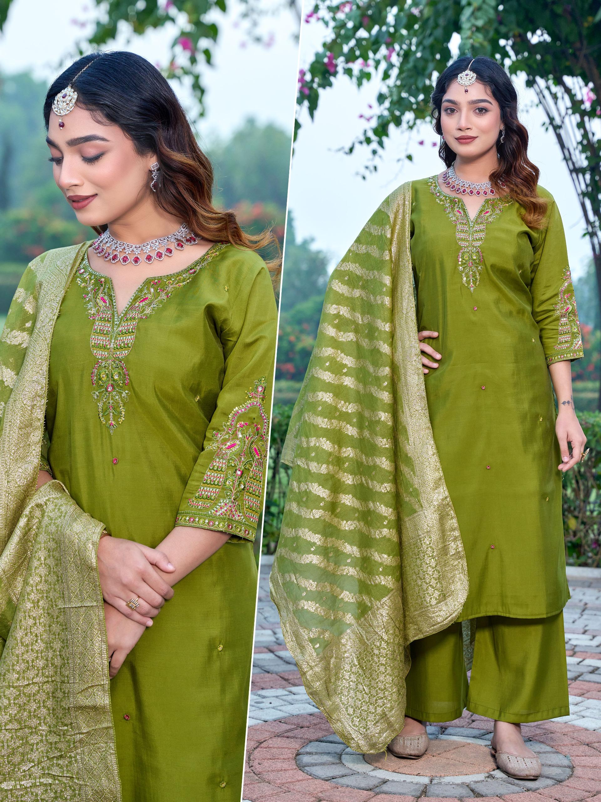 Naisha K 601 Roman Silk With Work Kurti Pant And Dupatta Collection