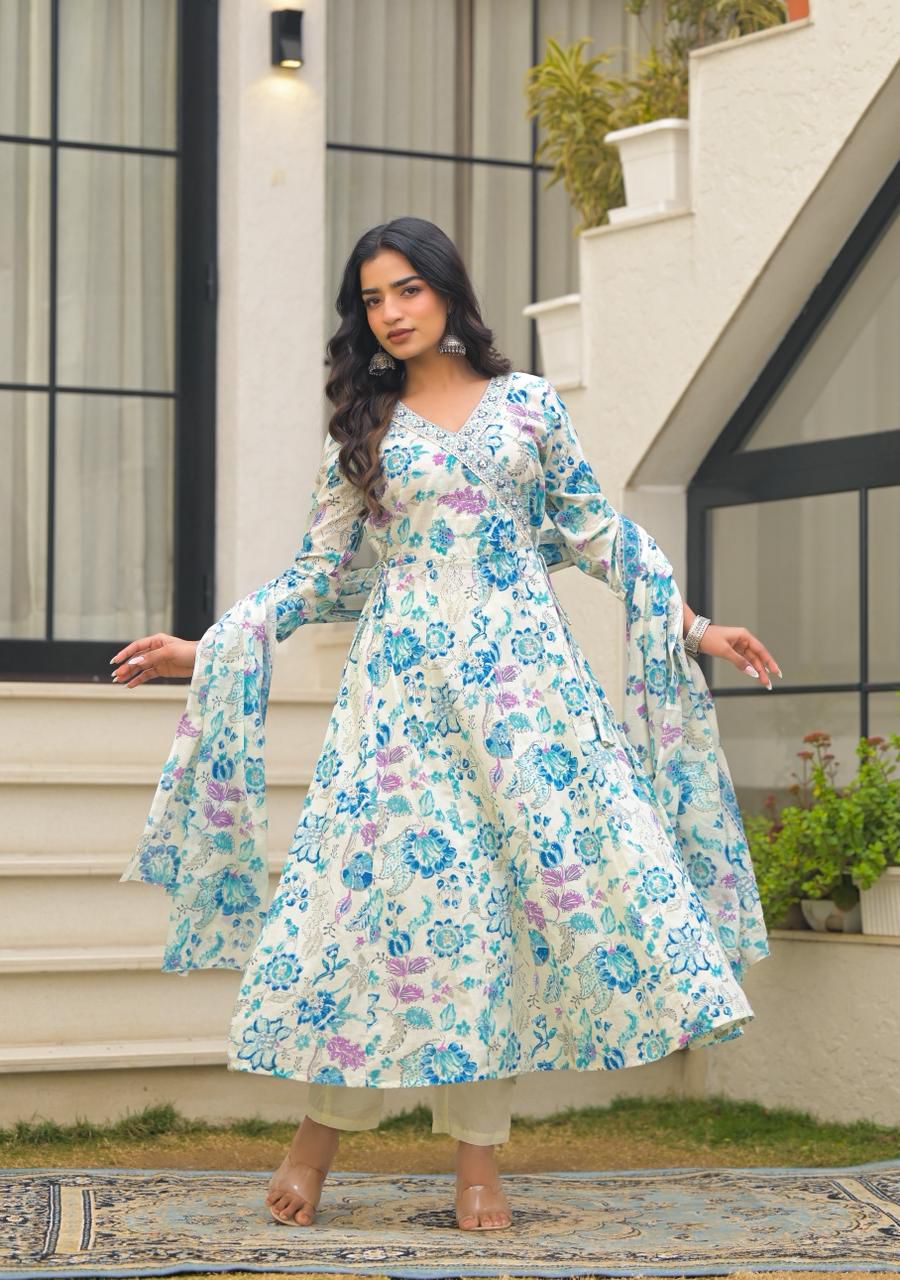 Naisha K 602 Cotton With Handwork Anarkali Kurti Pant And Dupatta