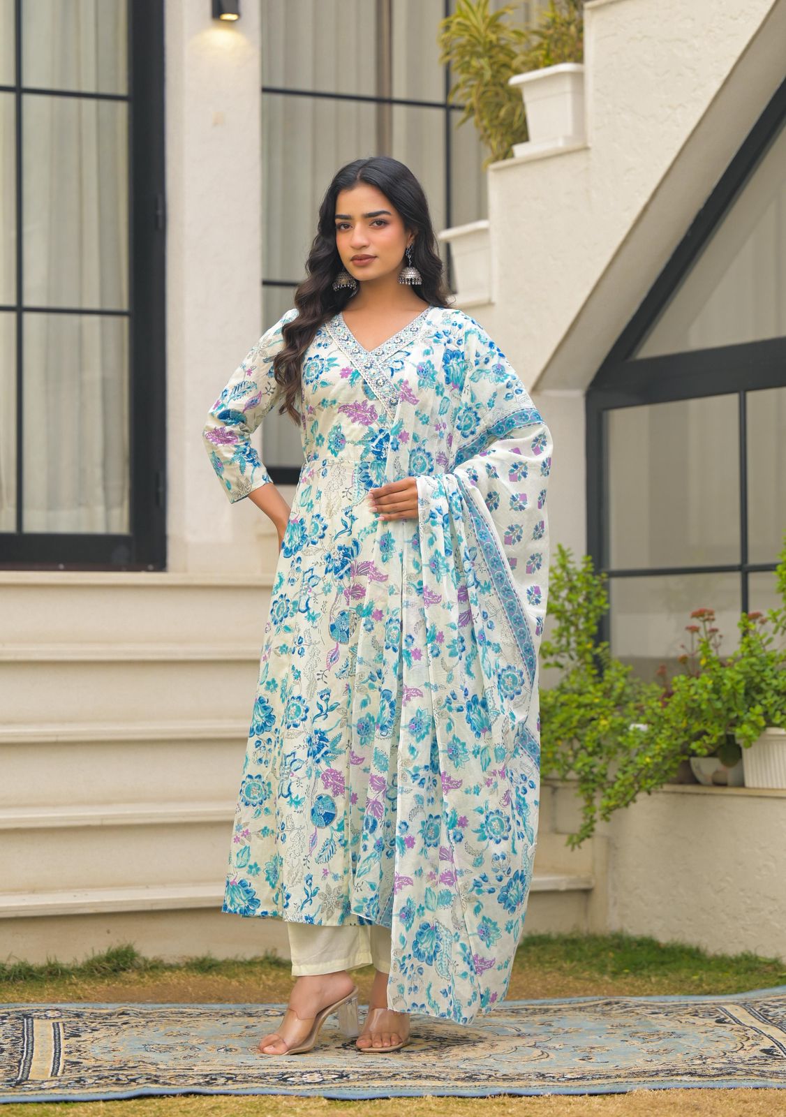 Naisha K 602 Cotton With Handwork Anarkali Kurti Pant And Dupatta