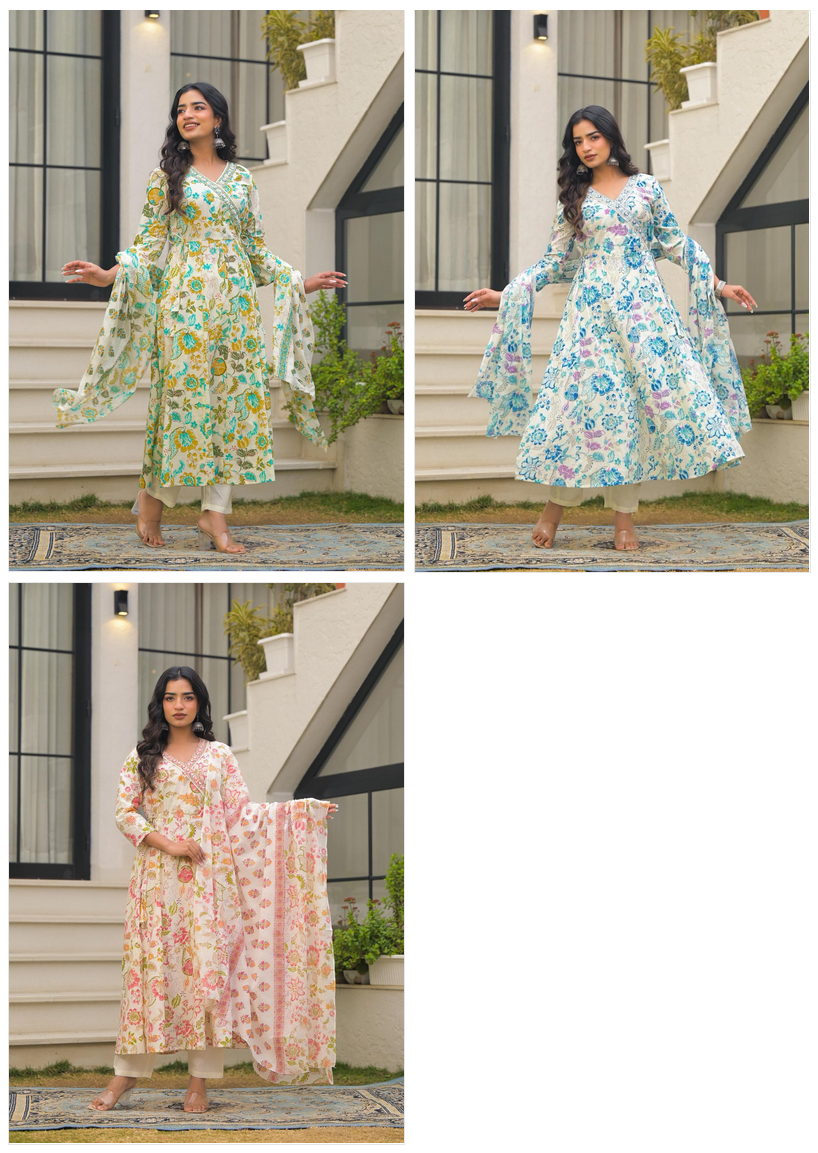 Naisha K 602 Cotton With Handwork Anarkali Kurti Pant And Dupatta