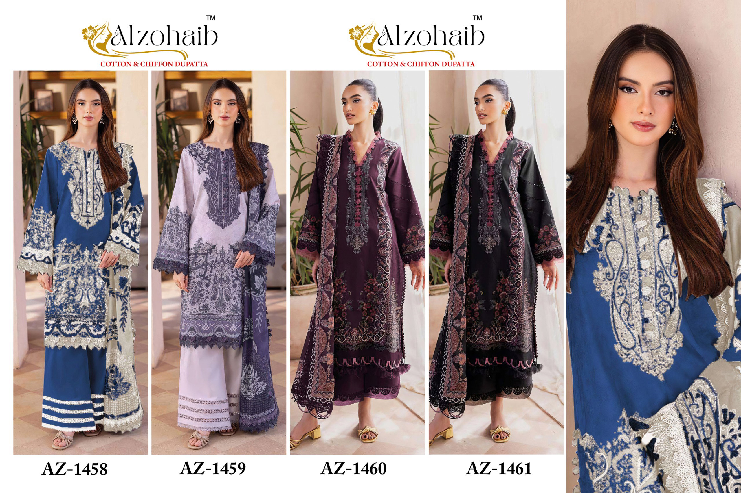 Alzohaib Az 1458 To 1461 Chiffon Dupatta Cotton Pakistani Salwar Kameez