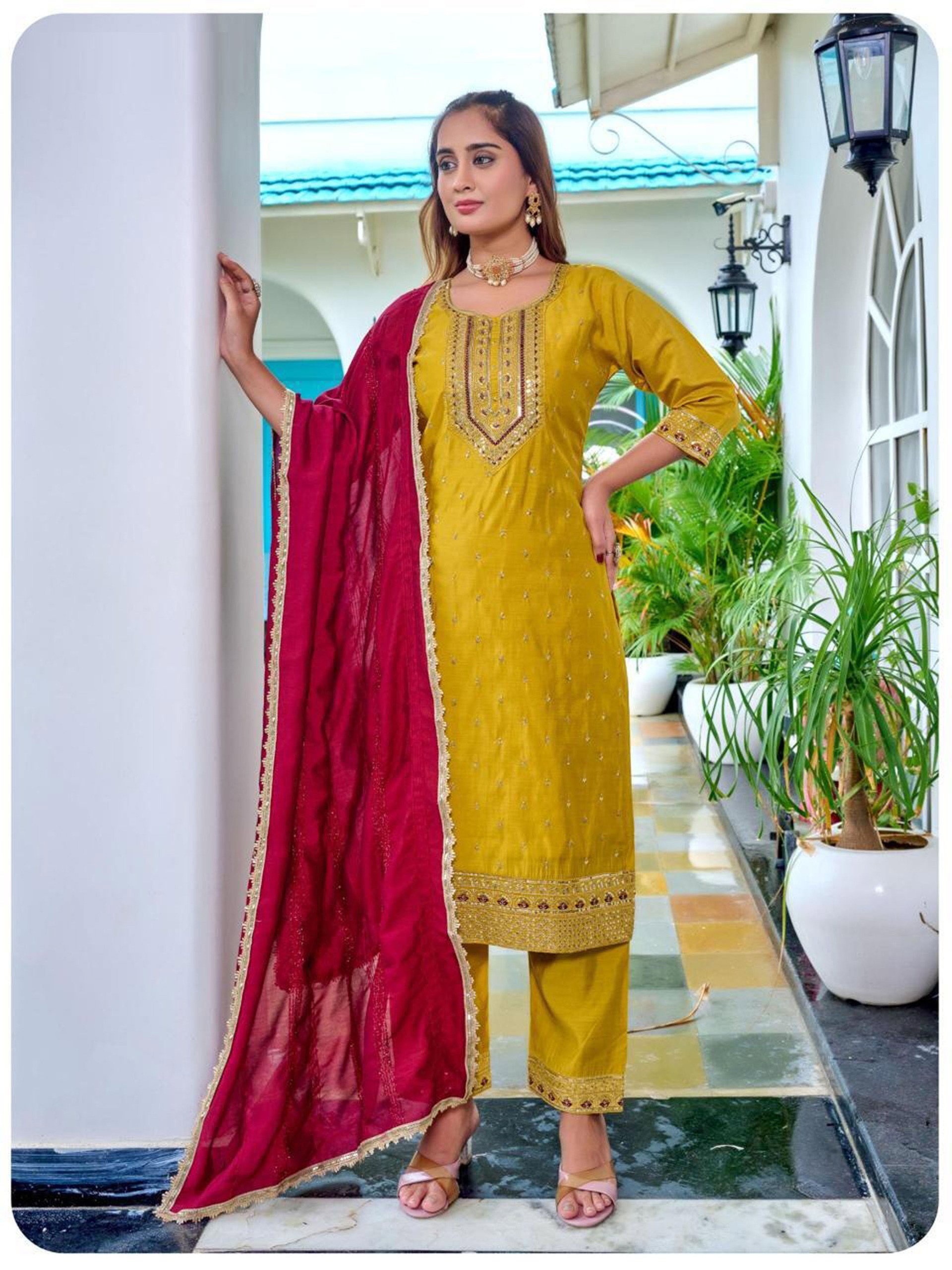 Naisha K 604 Roman Slub With Work Kurti Pant And Dupatta Collection