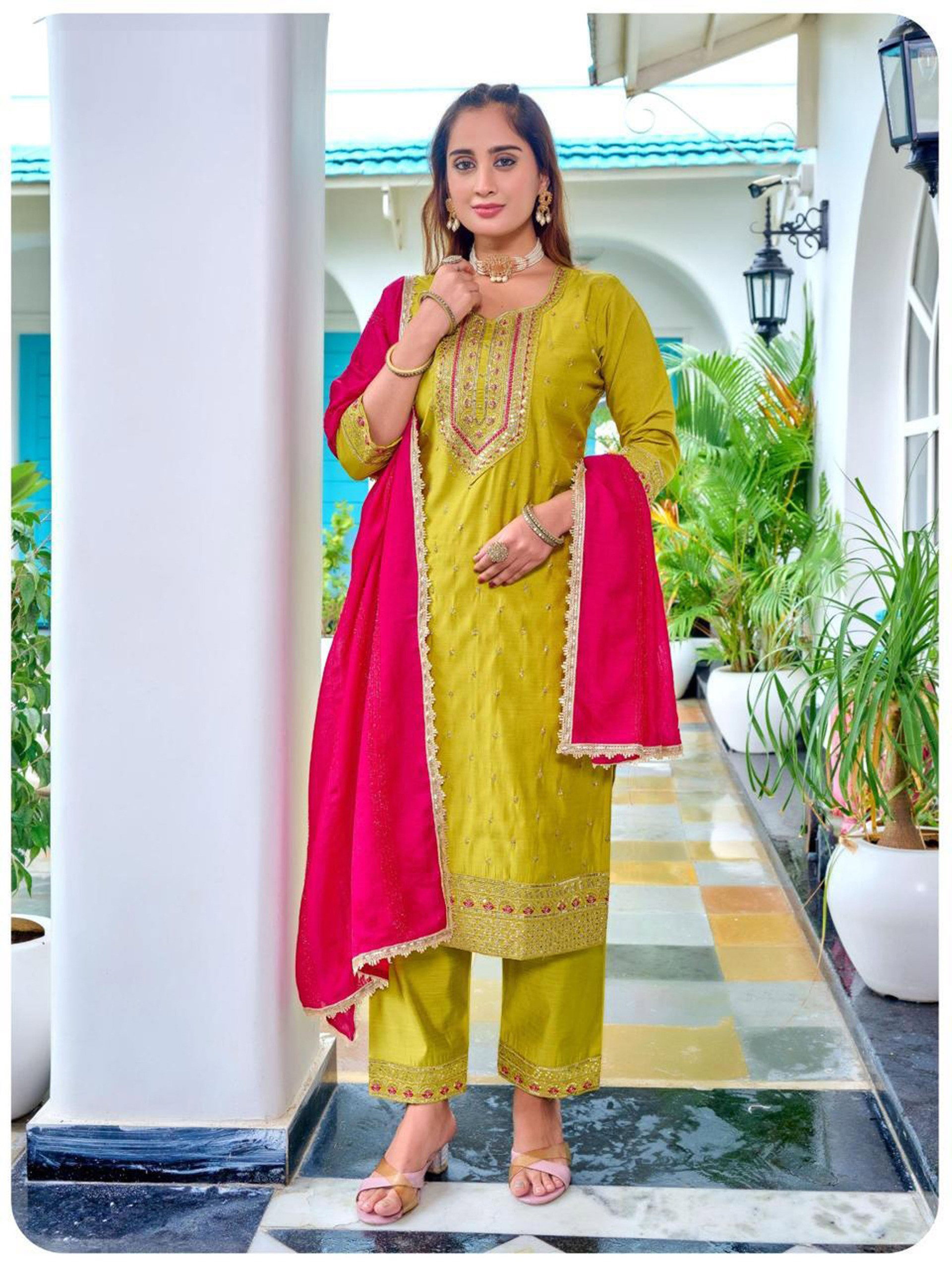 Naisha K 604 Roman Slub With Work Kurti Pant And Dupatta Collection