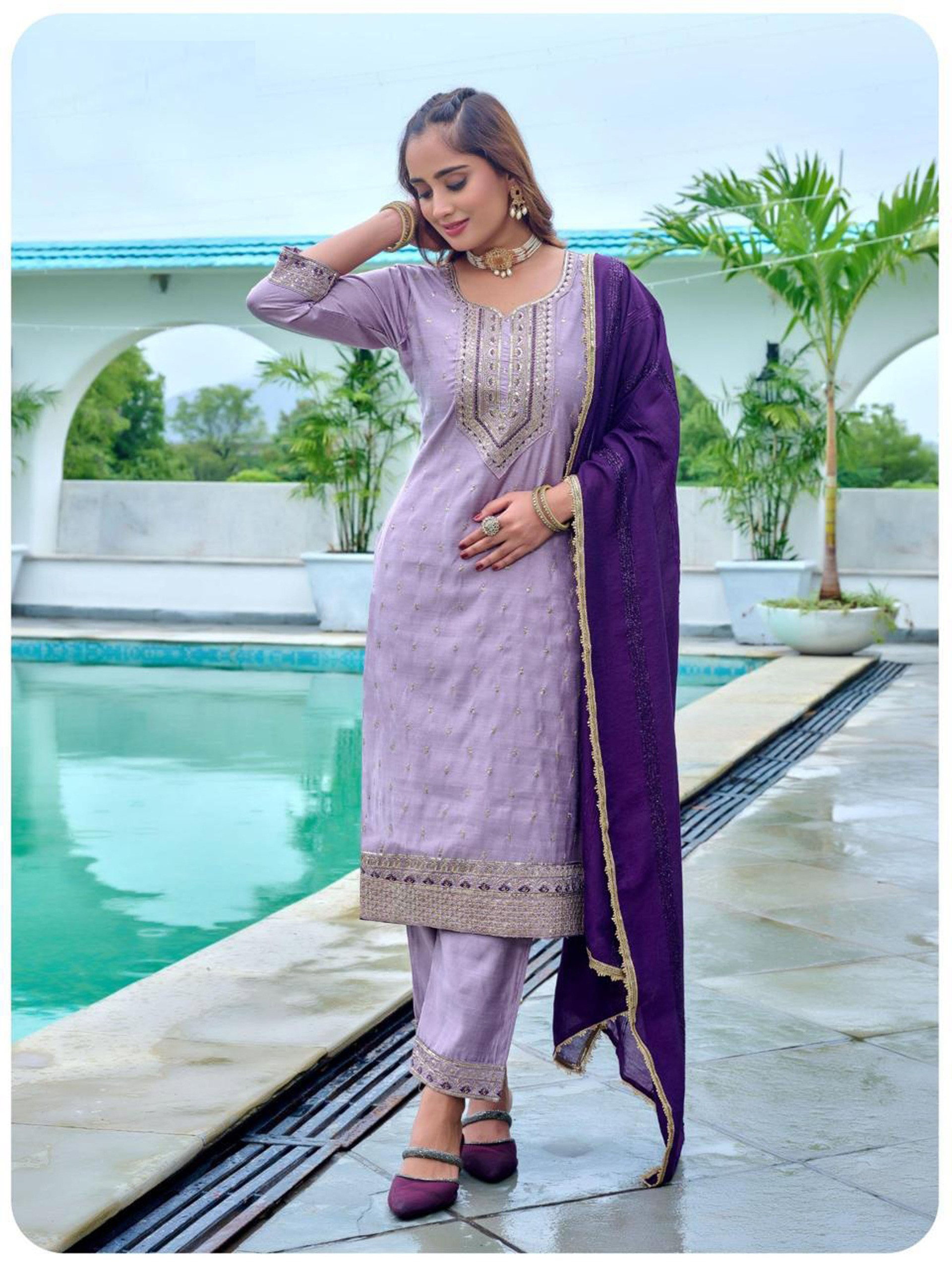 Naisha K 604 Roman Slub With Work Kurti Pant And Dupatta Collection