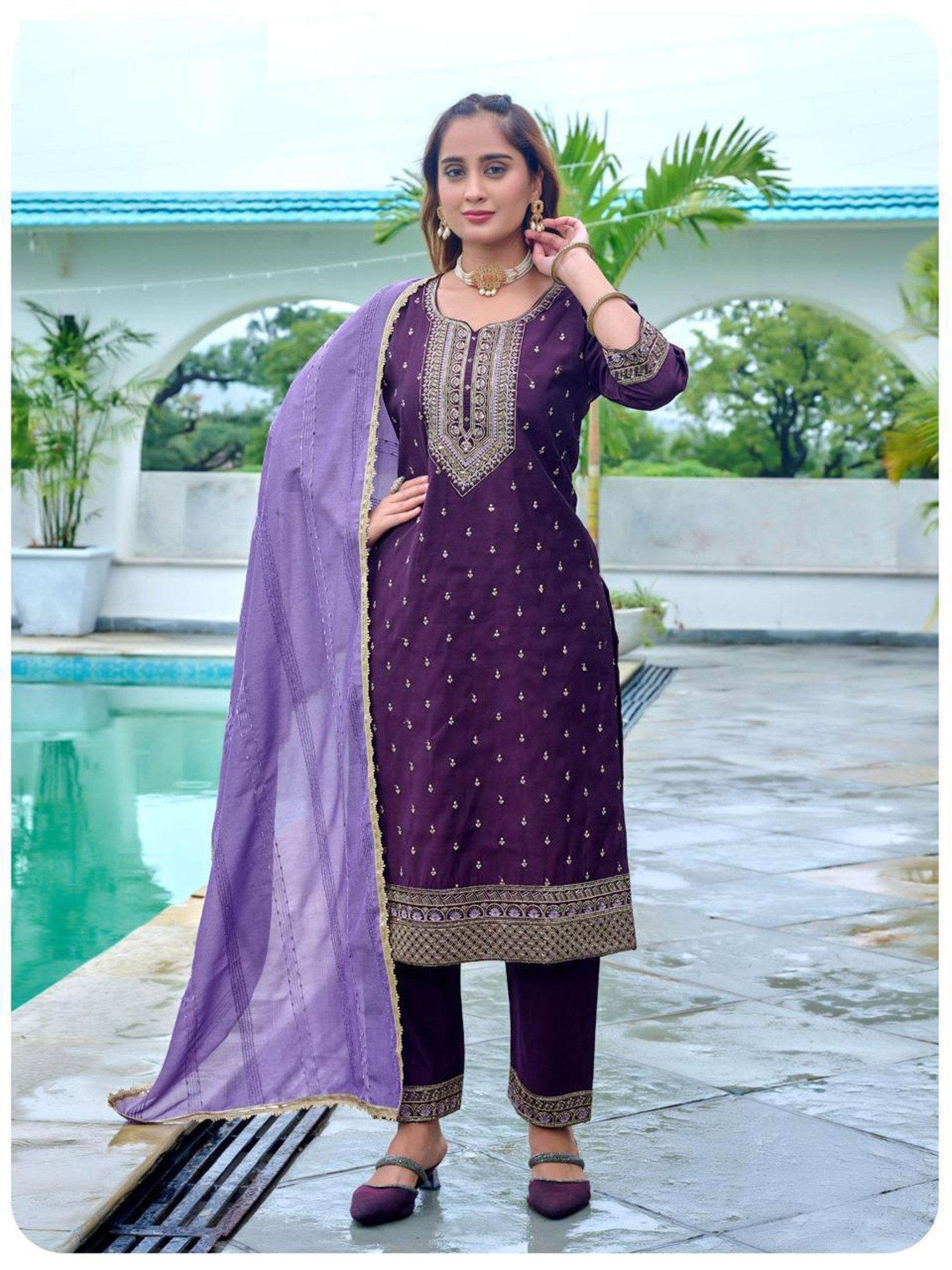 Naisha K 604 Roman Slub With Work Kurti Pant And Dupatta Collection