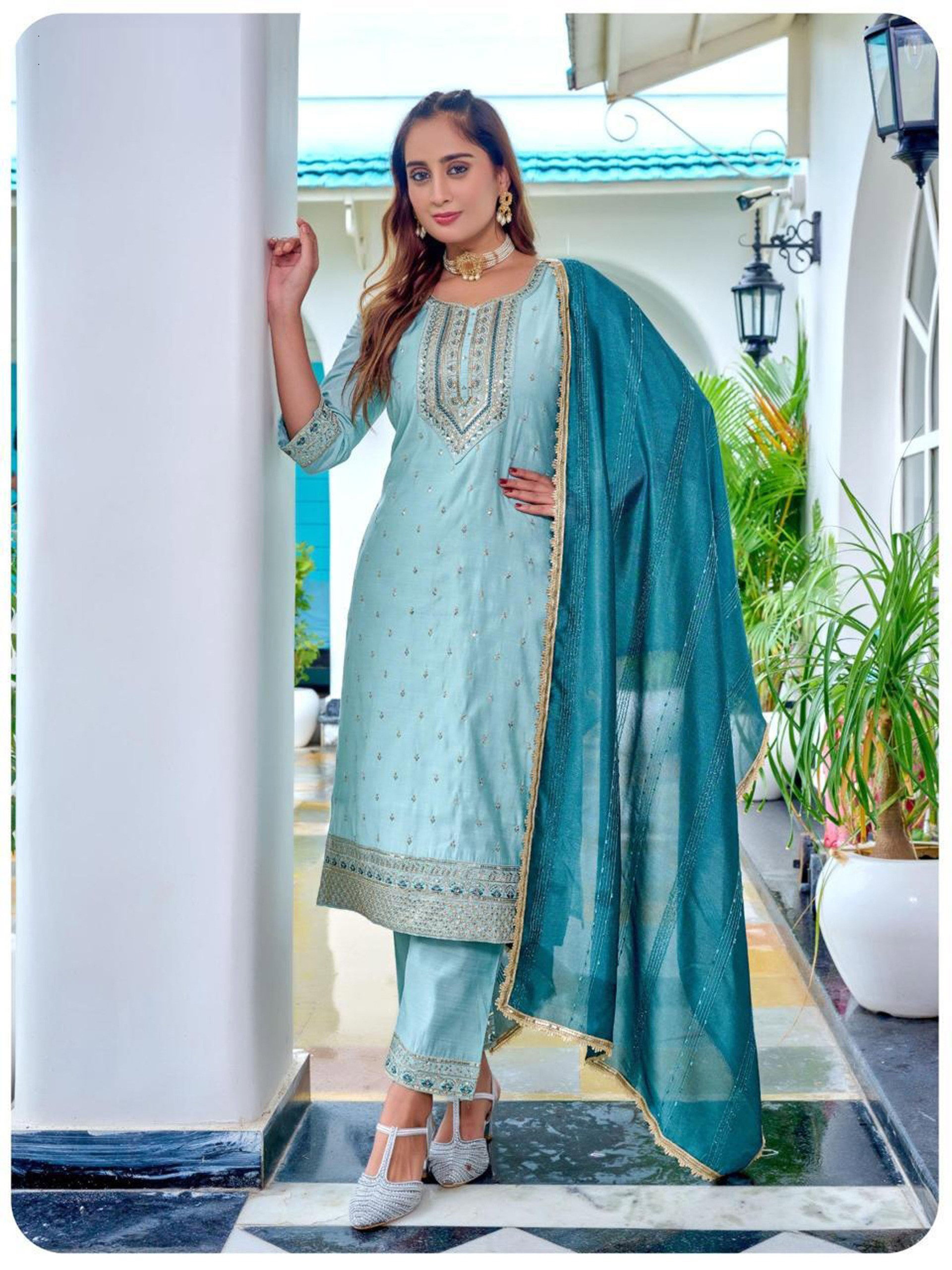 Naisha K 604 Roman Slub With Work Kurti Pant And Dupatta Collection