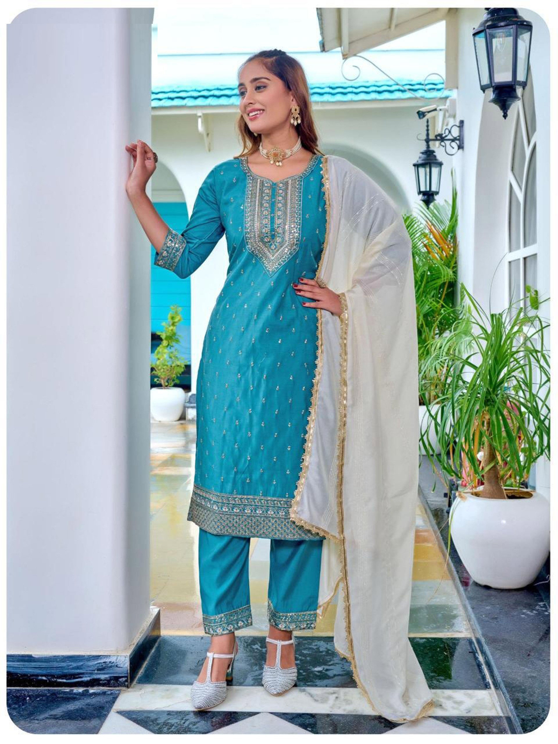 Naisha K 604 Roman Slub With Work Kurti Pant And Dupatta Collection