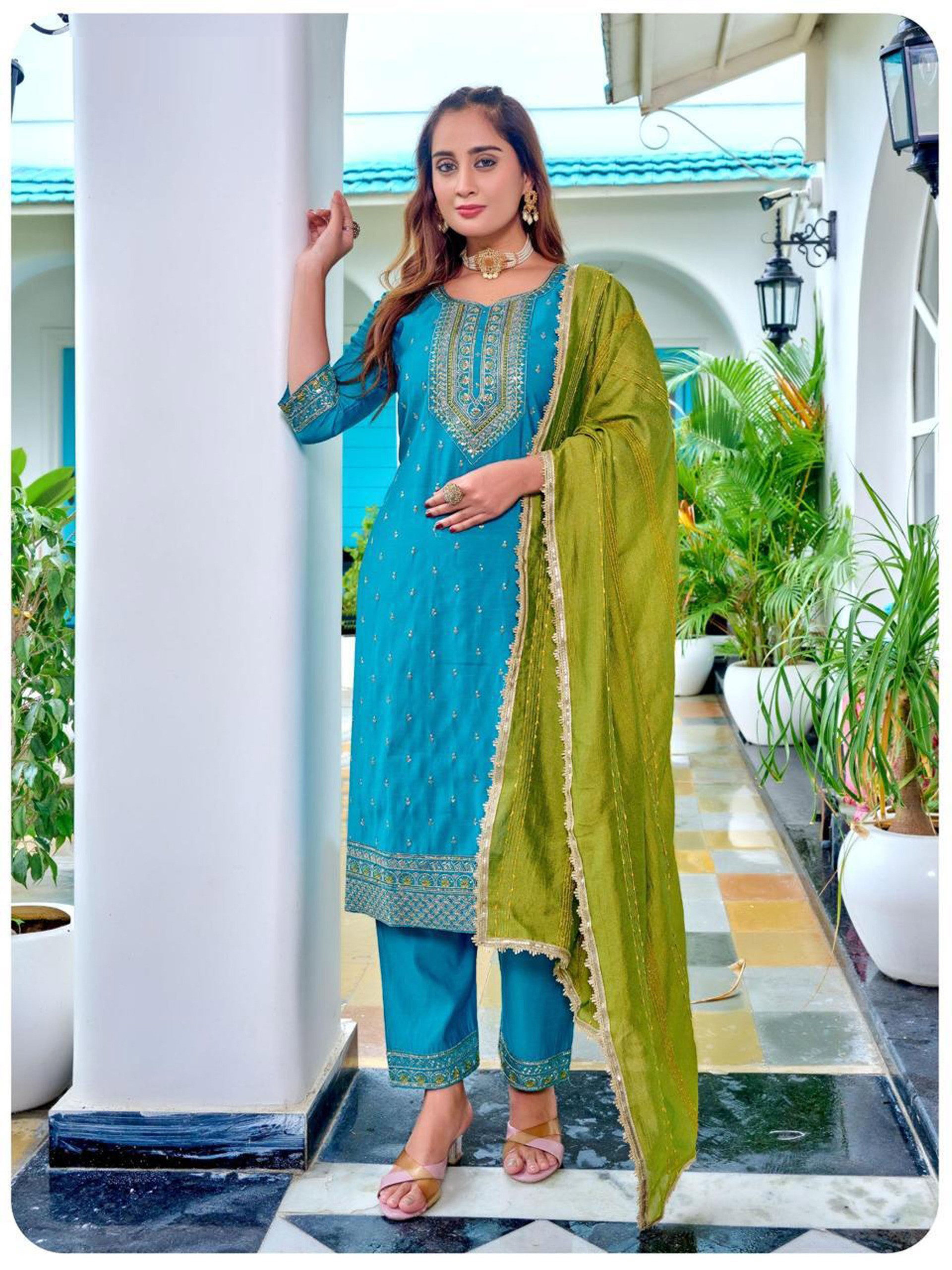Naisha K 604 Roman Slub With Work Kurti Pant And Dupatta Collection