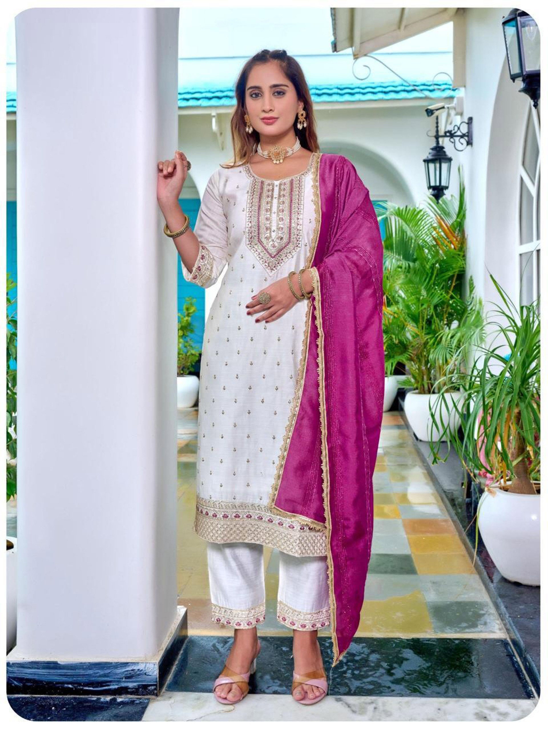 Naisha K 604 Roman Slub With Work Kurti Pant And Dupatta Collection