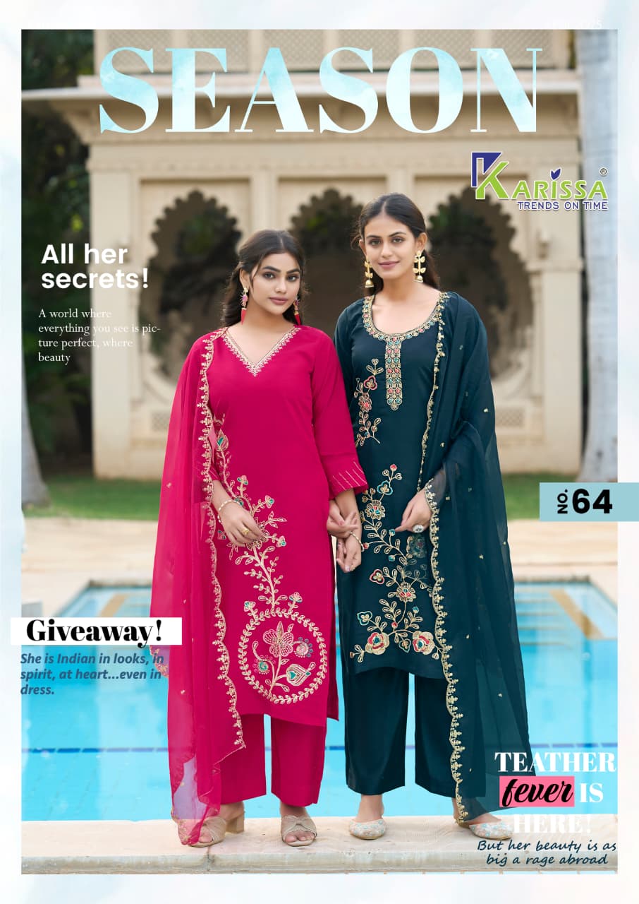 Karissa Season Viscose Roman With Threadwork Kurti Pant And Dupatta