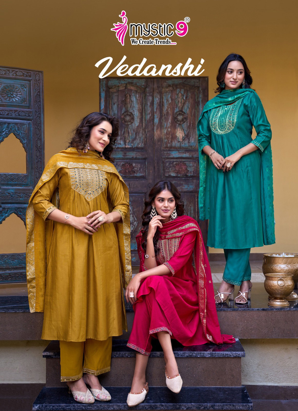 Mystic 9 Vedanshi Vol 1 Vertican Slub A line Cut Kurti Bottom With Dupatta