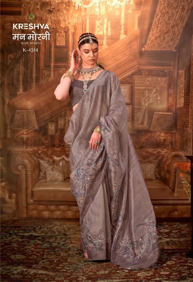 Kreshva Man Morni K-4514 P.V. Silk With Kalmakari Design Saree Collection