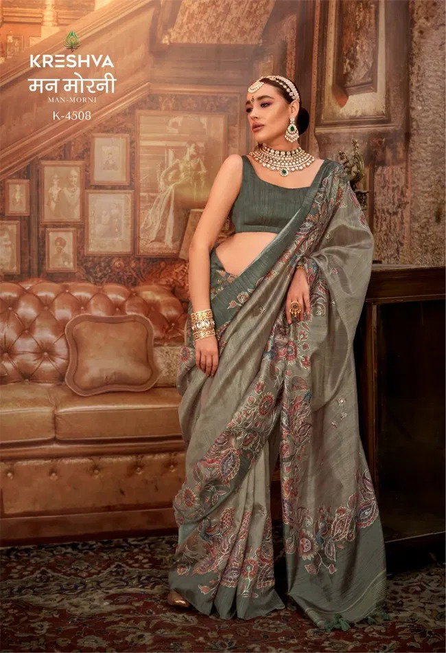 Kreshva Man Morni K-4508 P.V. Silk With Kalmakari Design Saree Collection 