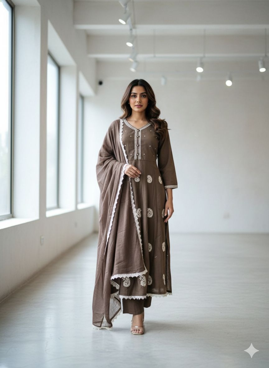 Naisha K 607 Mul Cotton With Embroidered Anarkali Kurti Pant And Dupatta