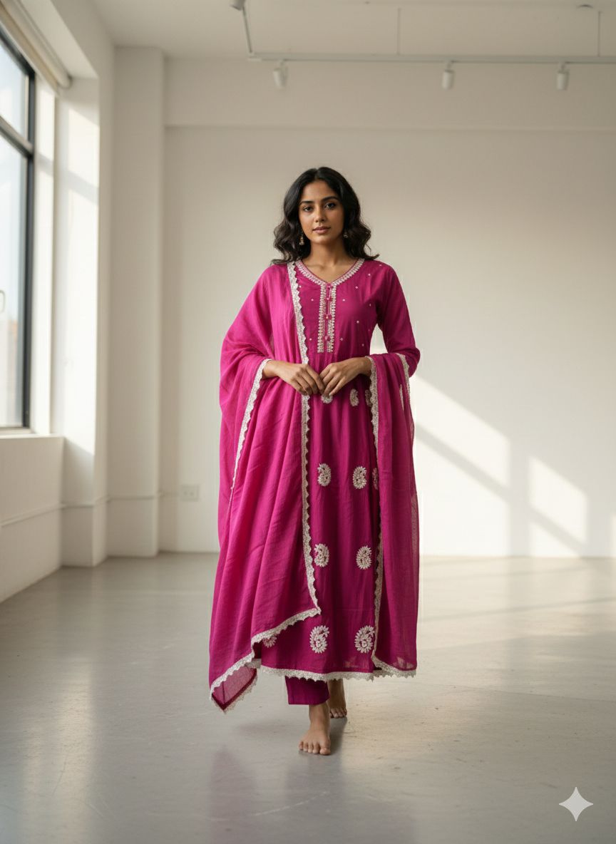 Naisha K 607 Mul Cotton With Embroidered Anarkali Kurti Pant And Dupatta