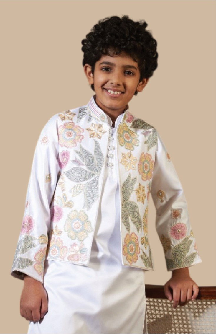 Clleora Little Carnival Satin Silk Threadwork Kurta Pant And Koti Collection