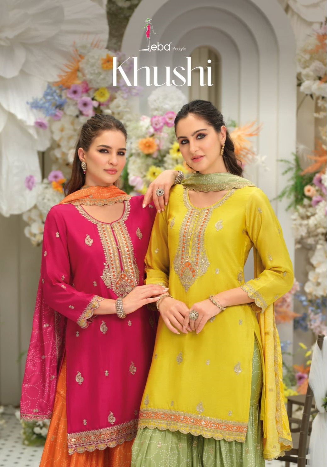 Eba Khushi Chinon With Embroidery Work Kurti Plazzo And Dupatta