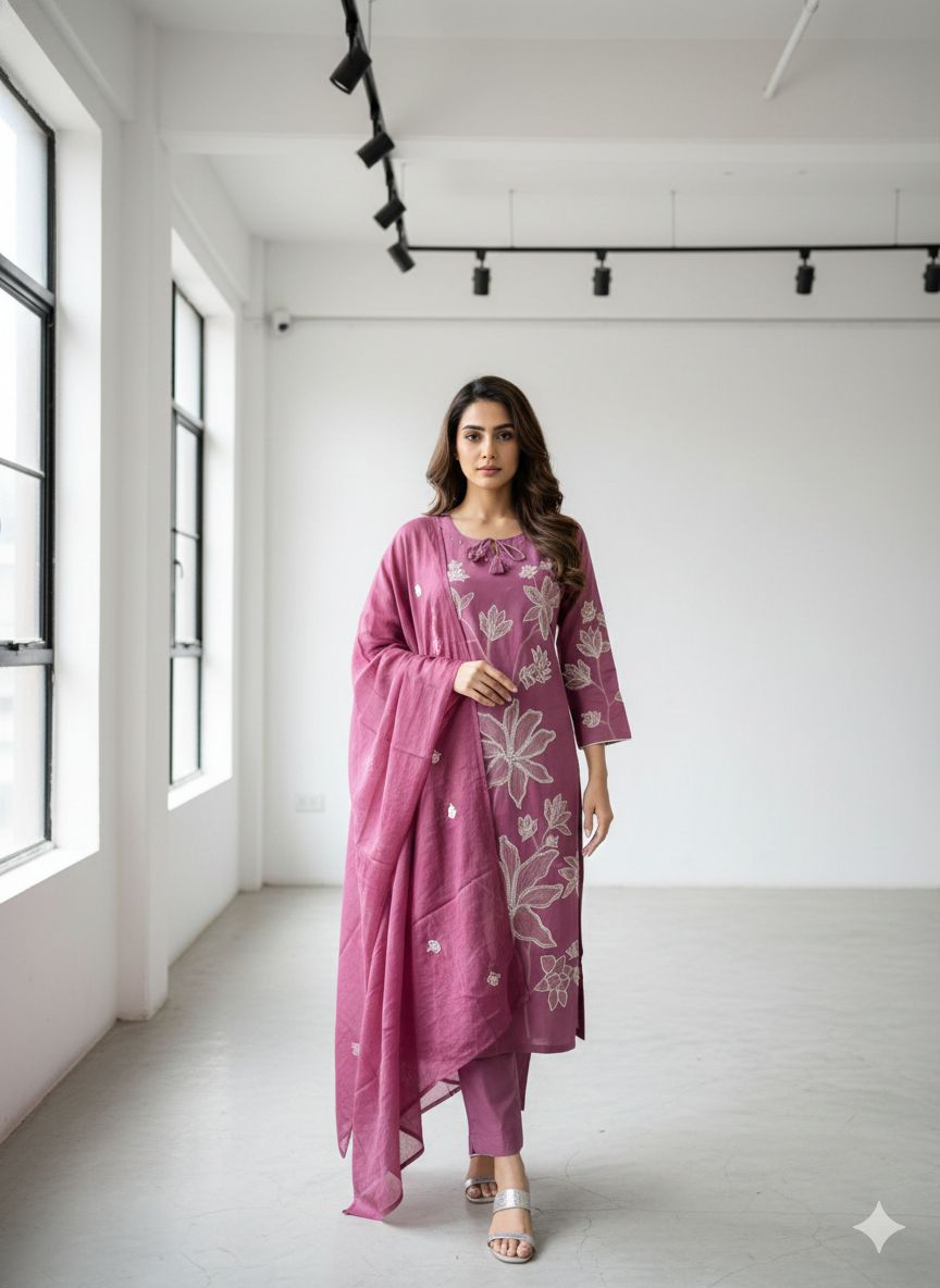 Naisha K 608 Cambric Cotton With Embroidered Kurti Pant And Dupatta
