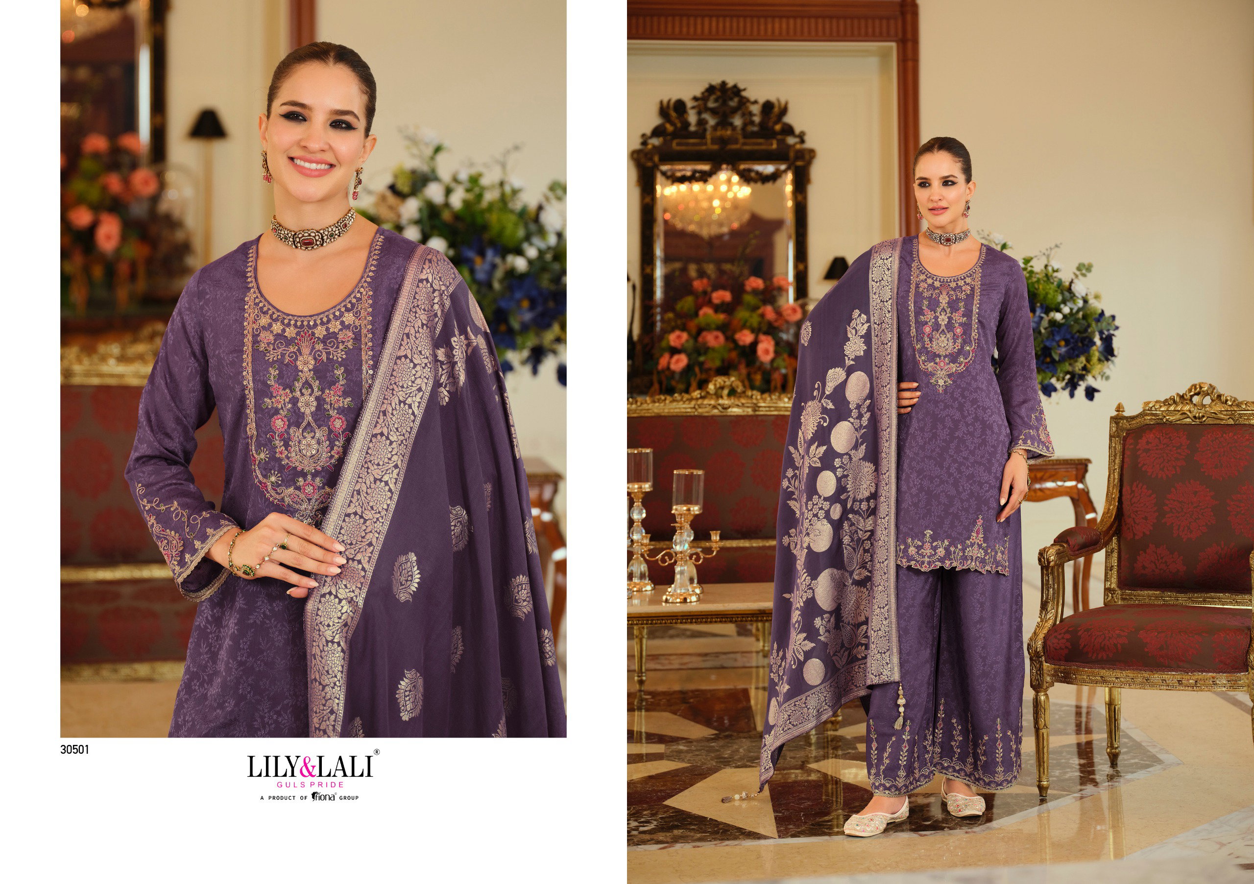 Lily And Lali Natalie Jacquard Chinon Silk Embroidery Hand Work Kurti Bottom With Dupatta
