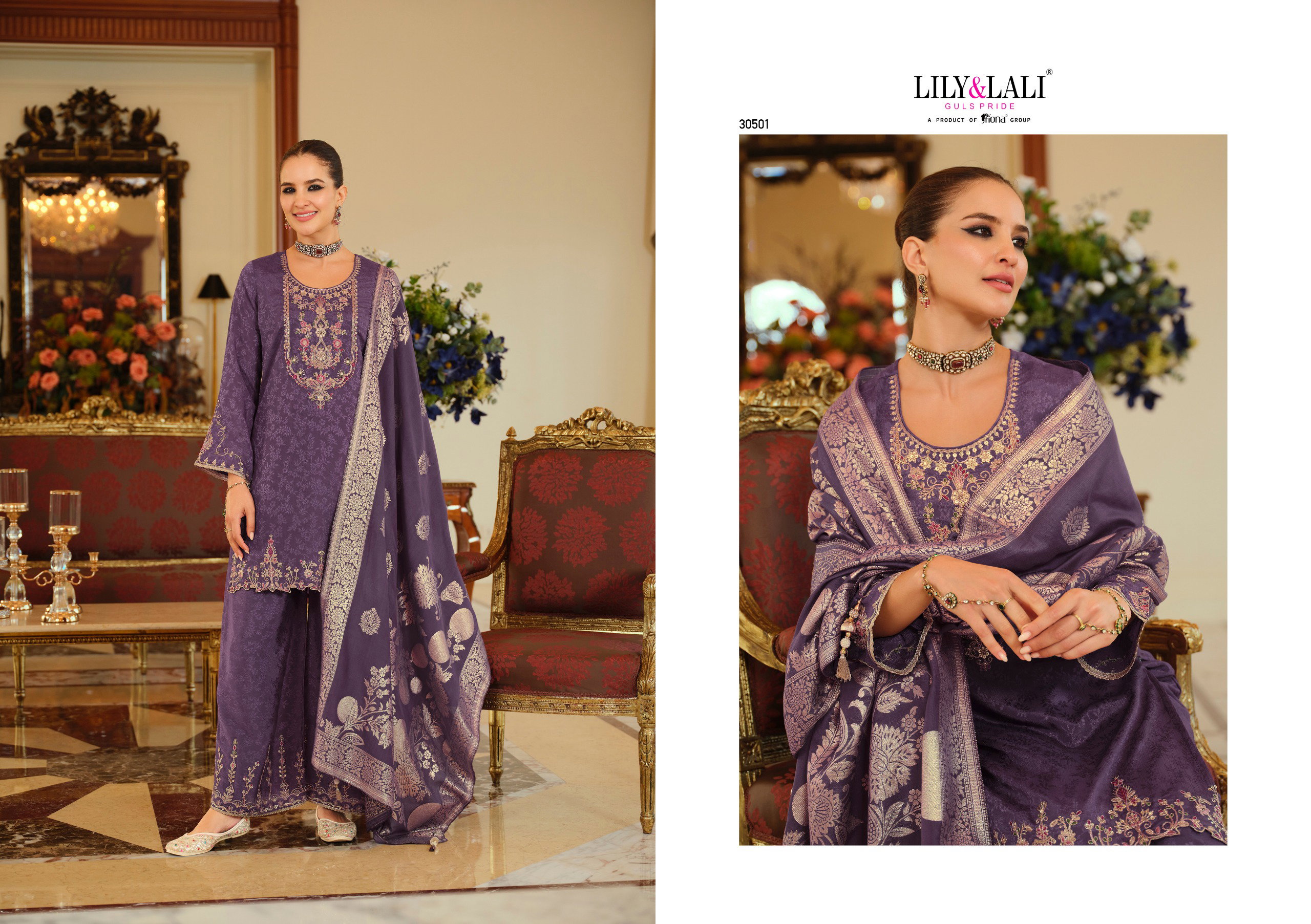 Lily And Lali Natalie Jacquard Chinon Silk Embroidery Hand Work Kurti Bottom With Dupatta